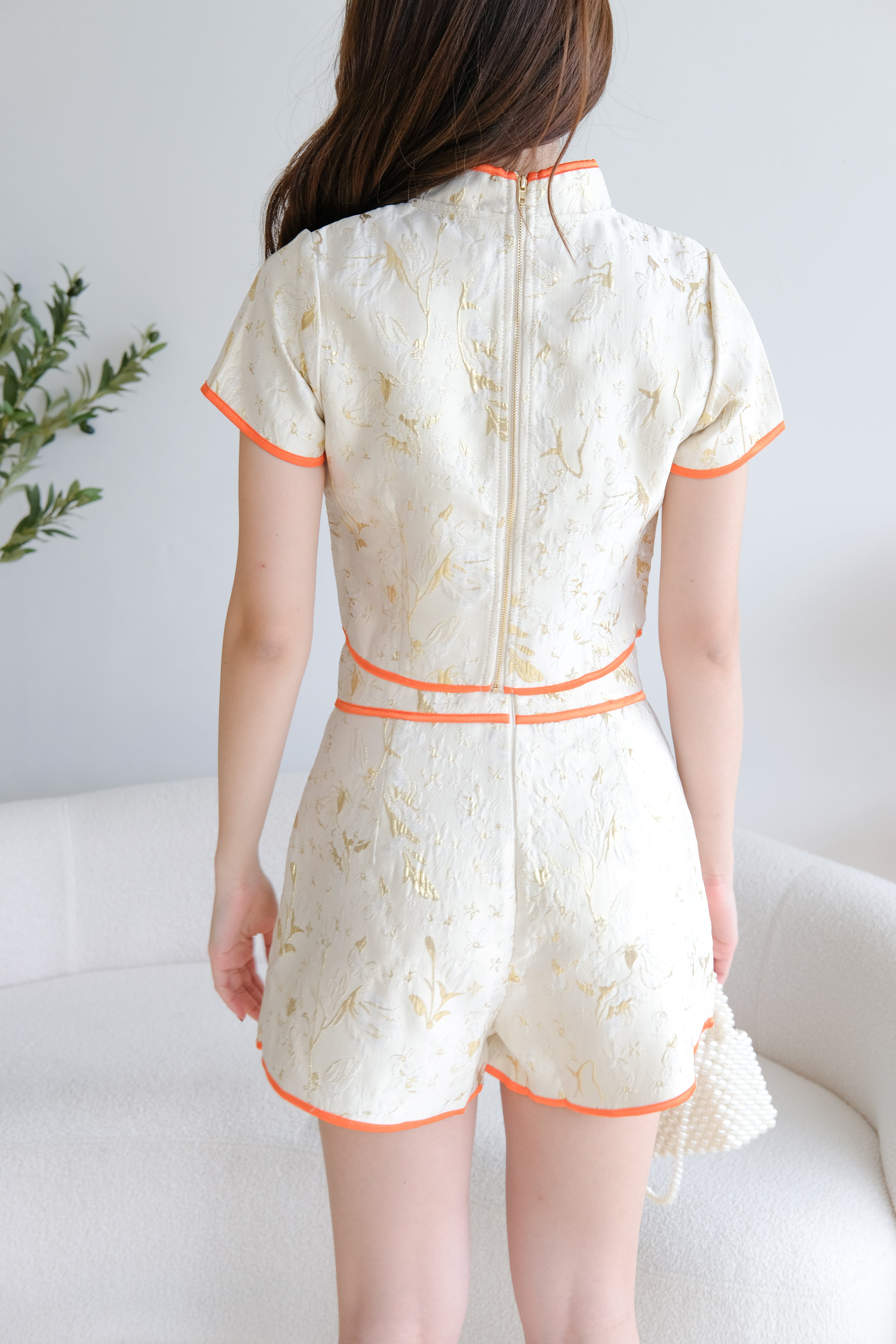 Ming Contrast Cheongsam Set (Tangerine Cream)