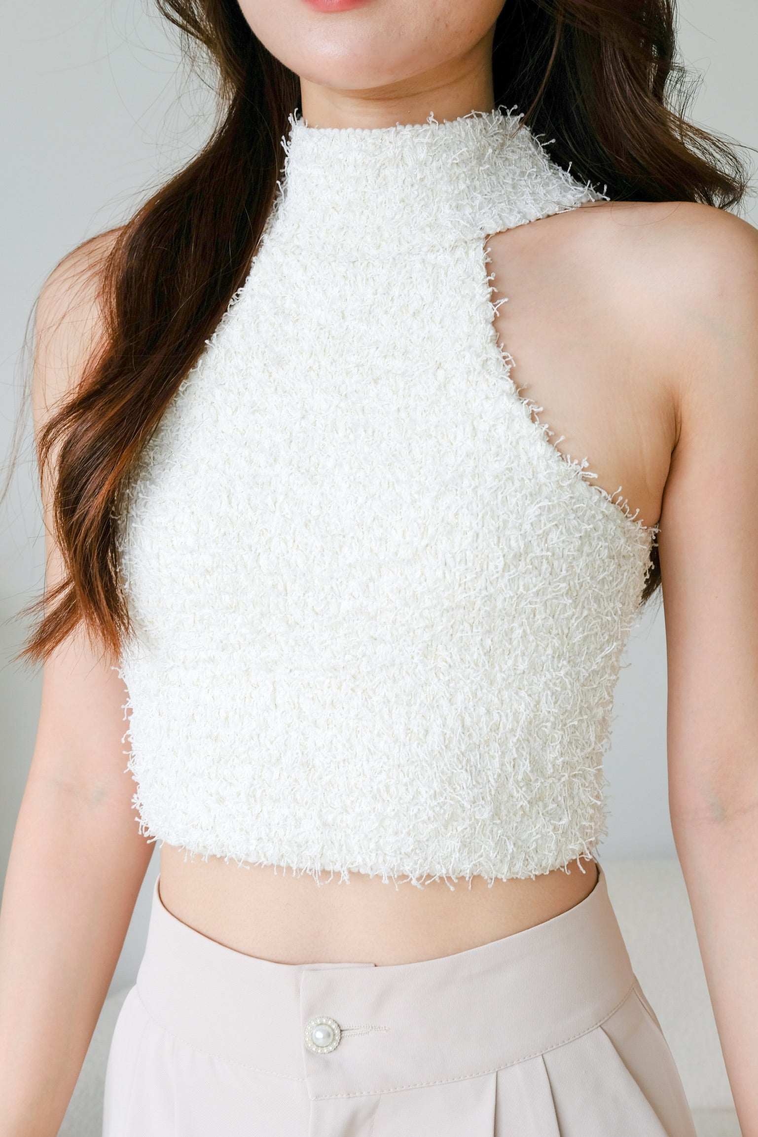 Hana Halter Tweed Crop (Pearl White)