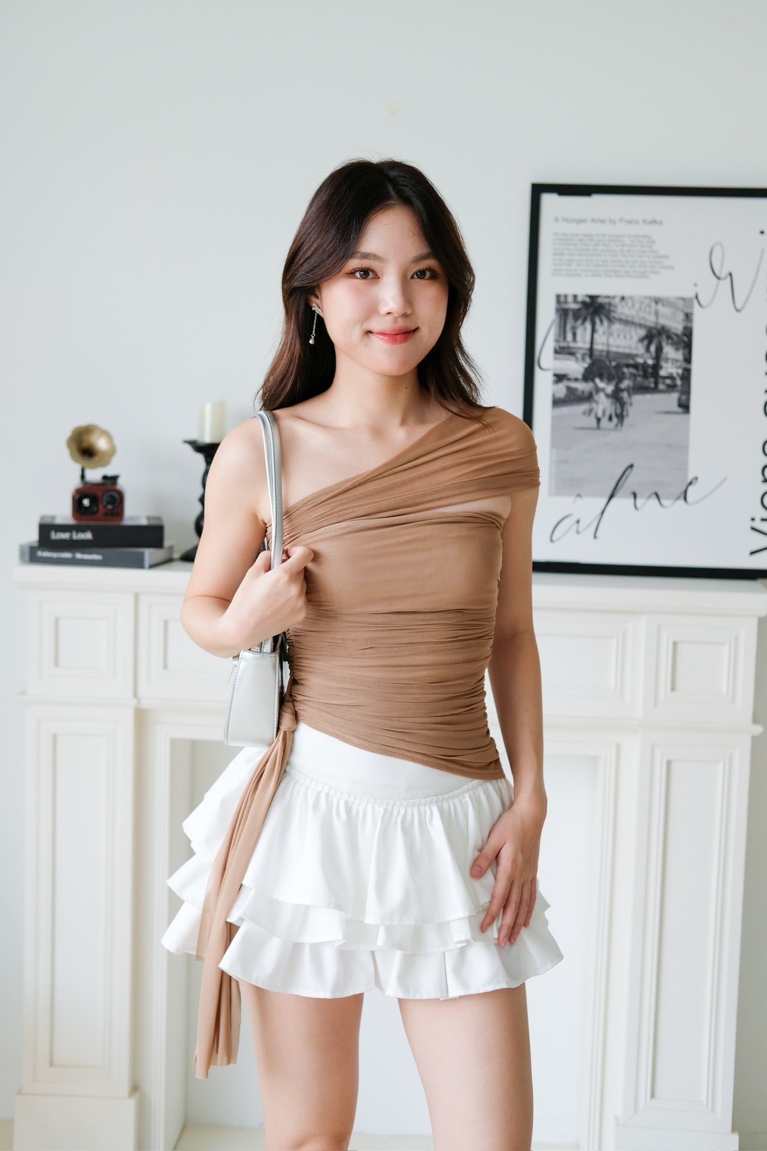 Vesper Toga Bodycon Chiffon Top (Khaki)