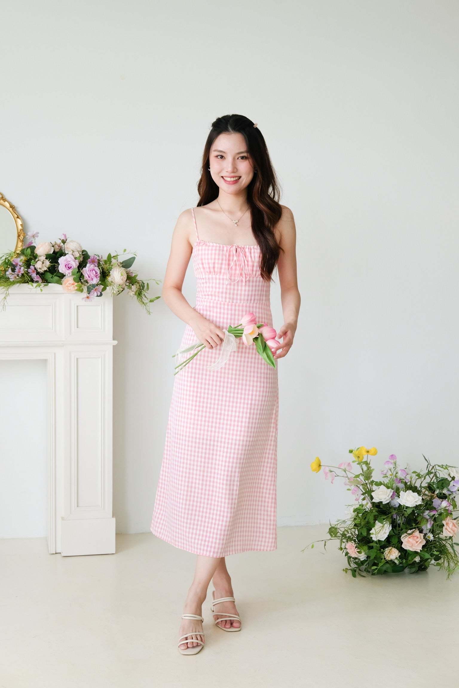 Veronnie Ruched Plaid Midi Dress (Pink)