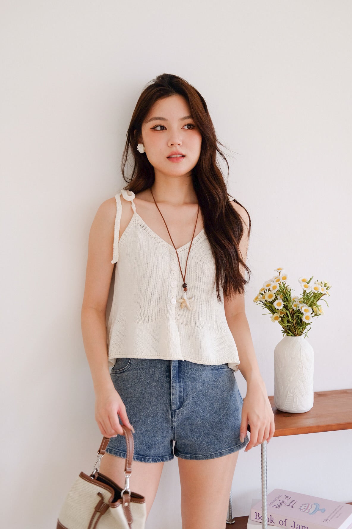 Gracie Self Tie Button Knit Top (Cream)