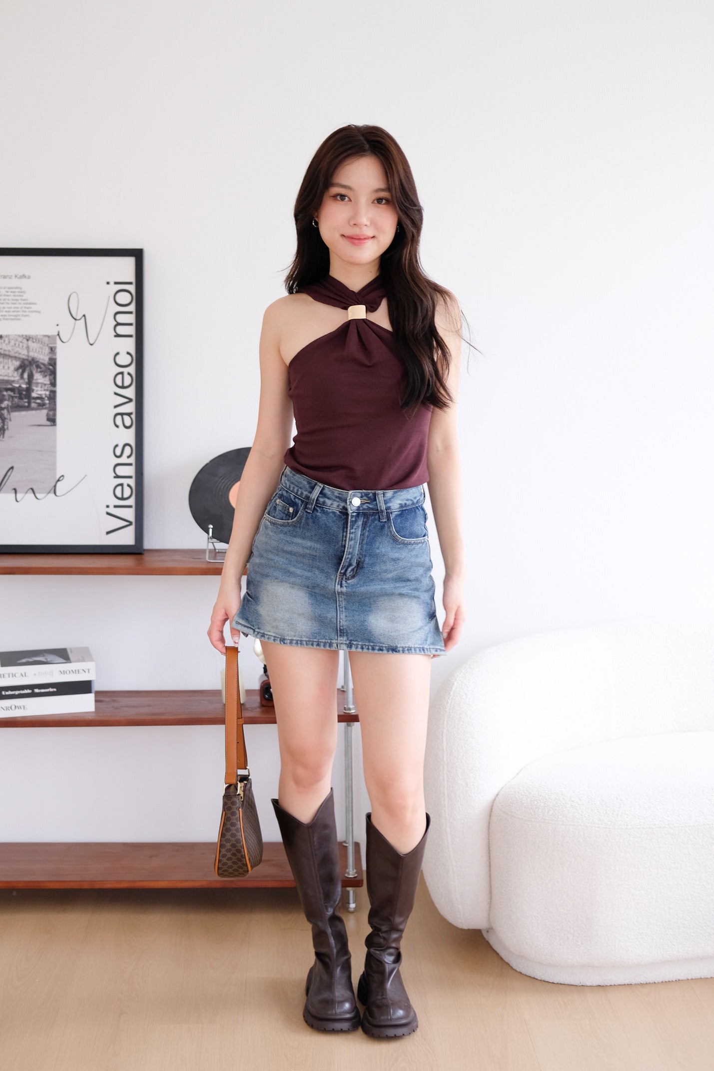 Suezette Halter Gold Ornament Knit Top (Brown)