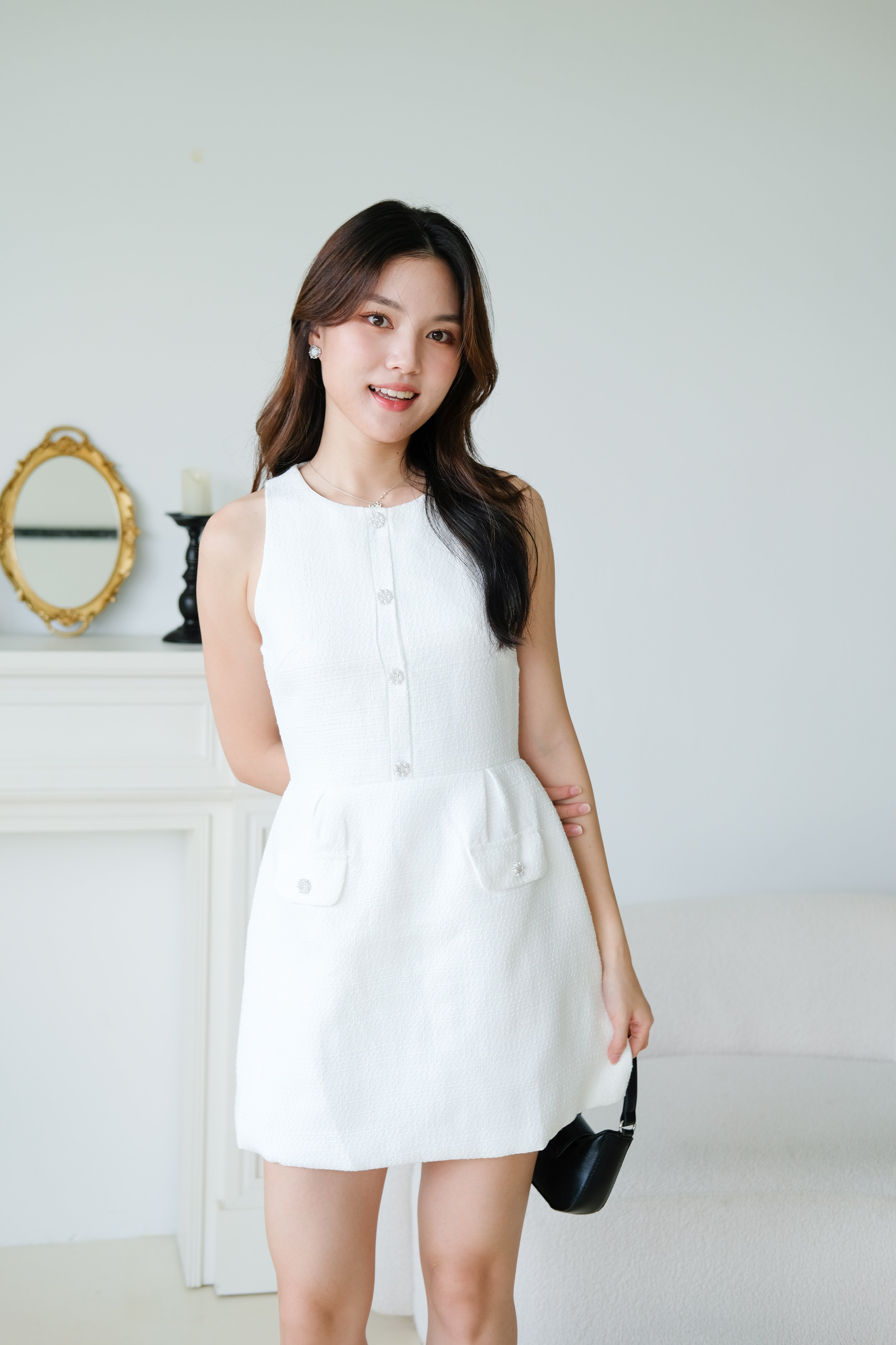 Pearly Tweed Halter Dress (White)