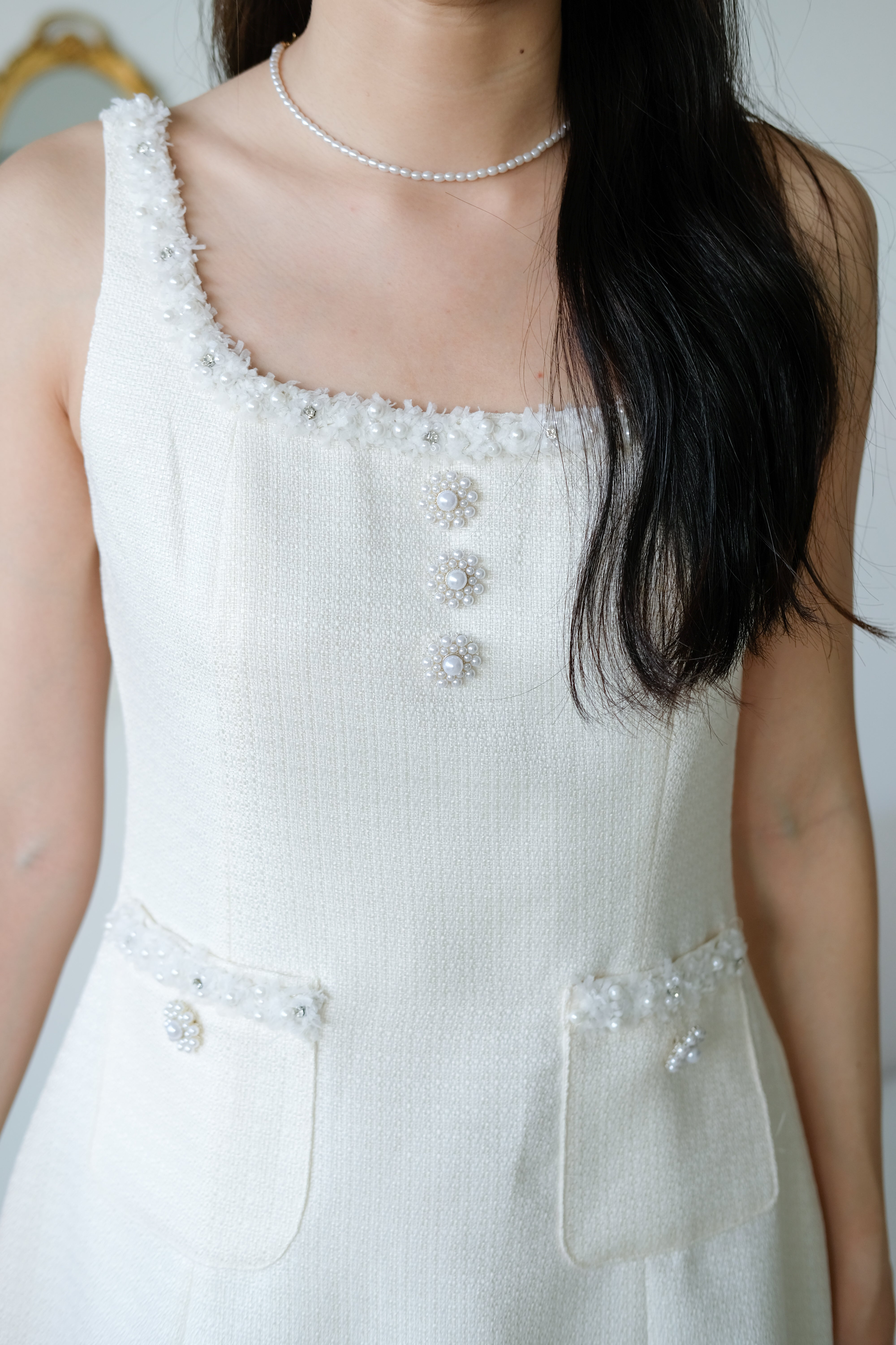Lenora Tweed Vintage Dress (Cream)