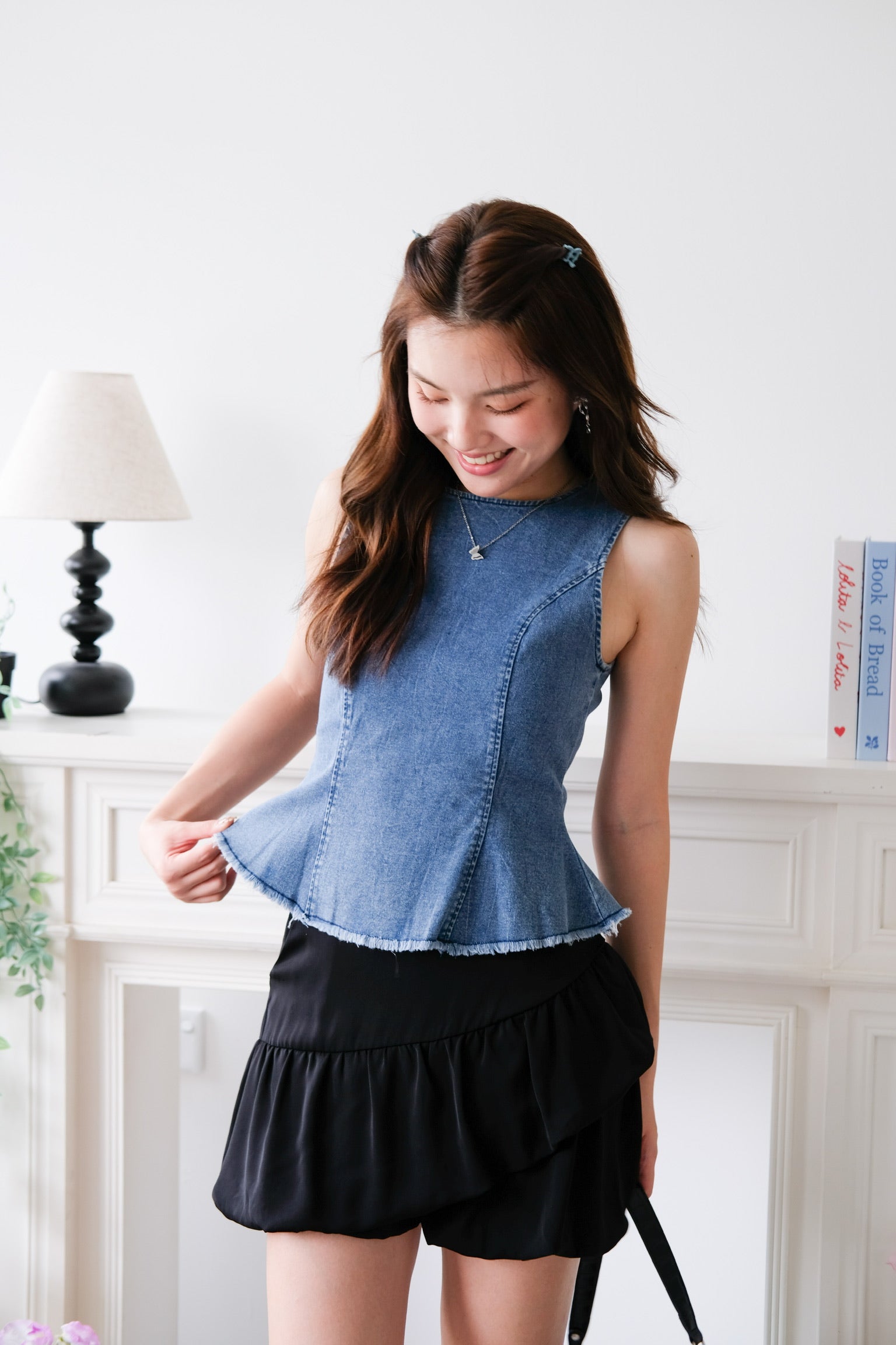 Alda Peplum Denim Top (Medium Blue)
