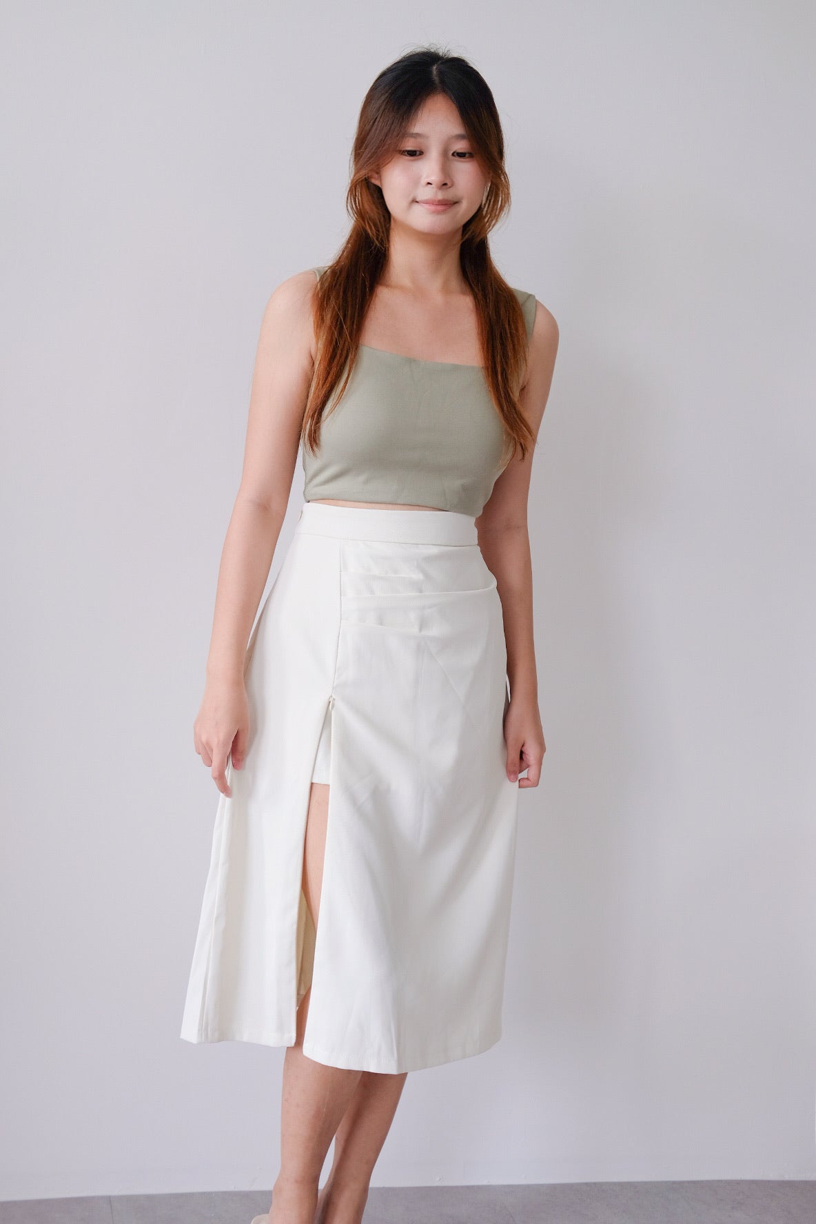 Cream Side Ruched Midi Skirt