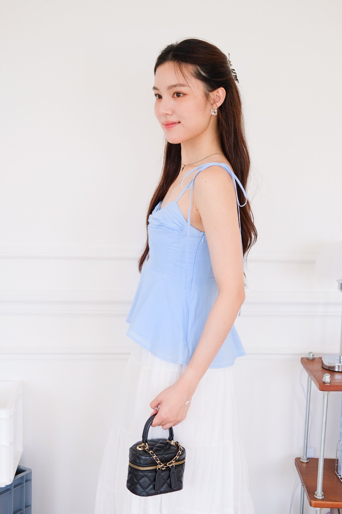 Mona Self Tie Ribbon Peplum Top (Blue)