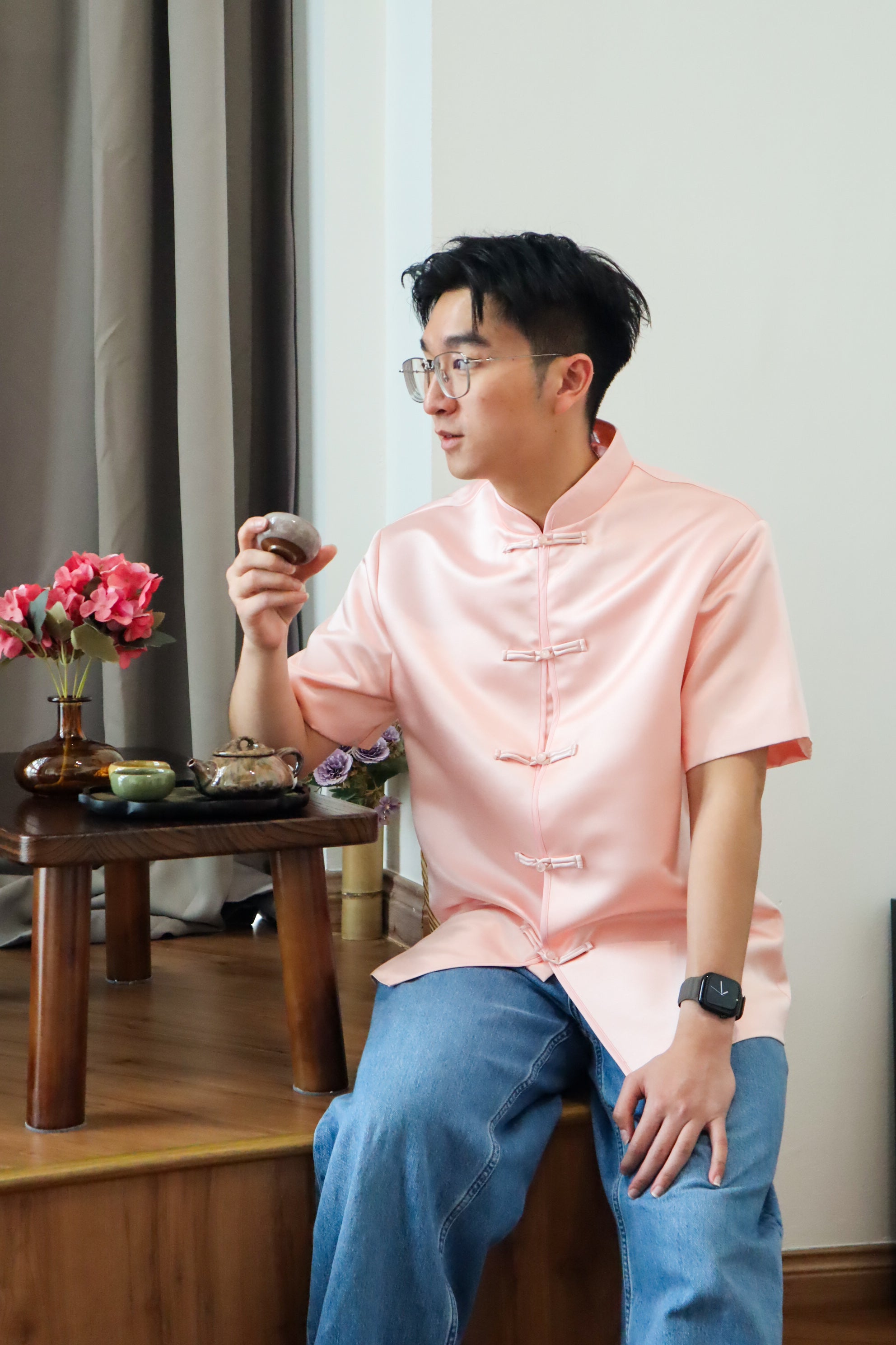 玉树临风 Feng Button Men Samfu (Silk Pink)