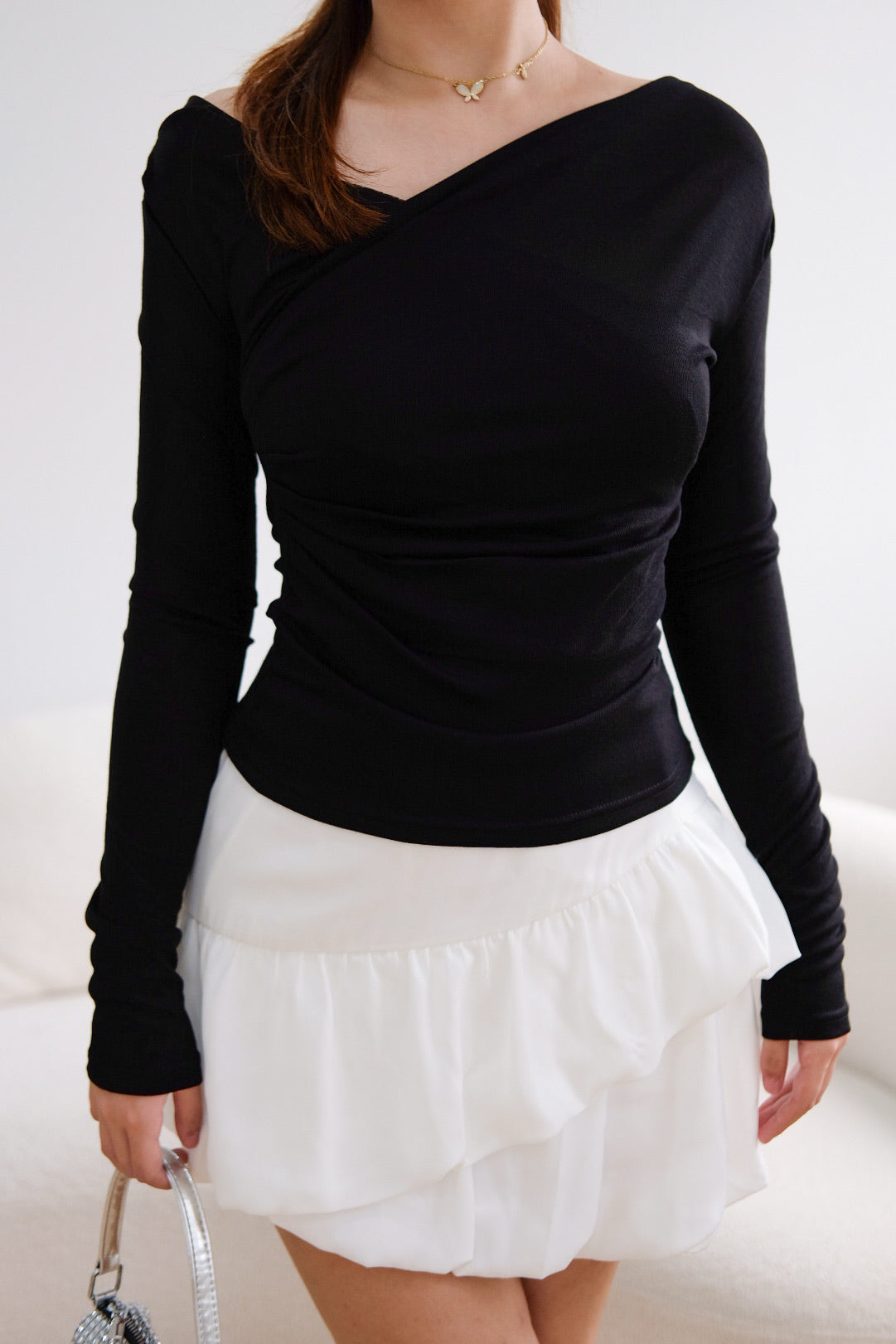 Black Long Sleeves Ruched Top
