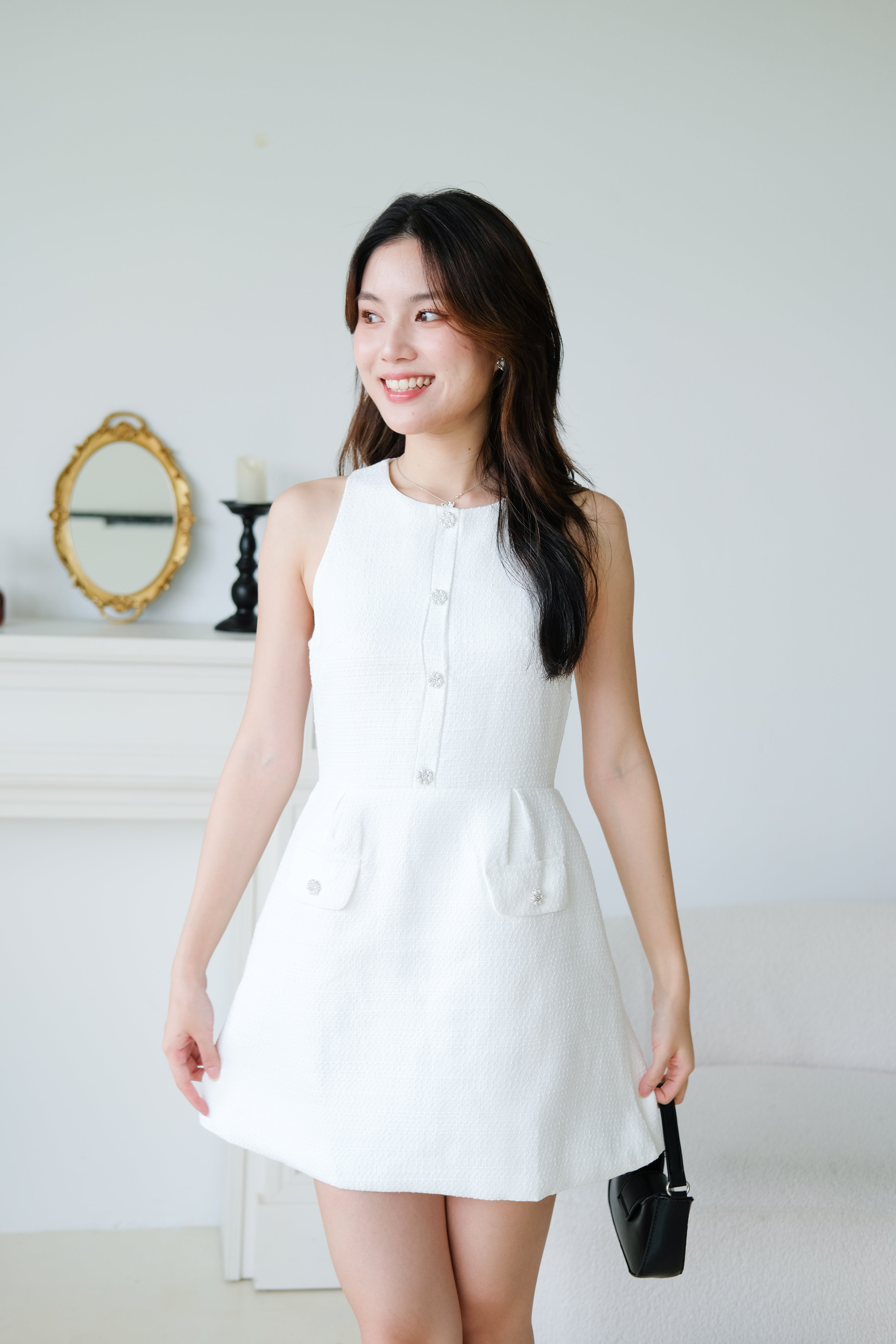 Pearly Tweed Halter Dress (White)
