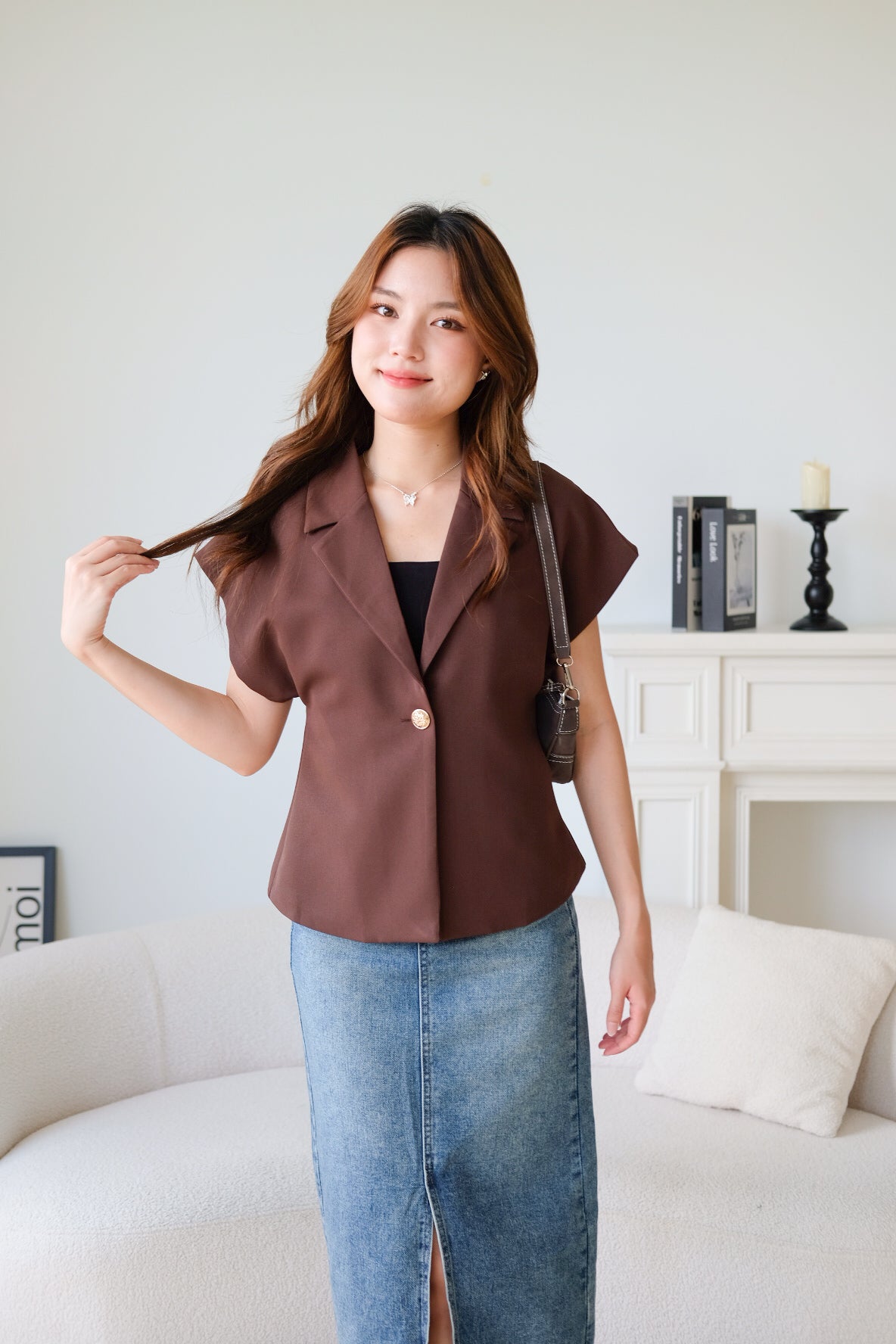 Workday Short Sleeves Blazer (Espresso Brown)