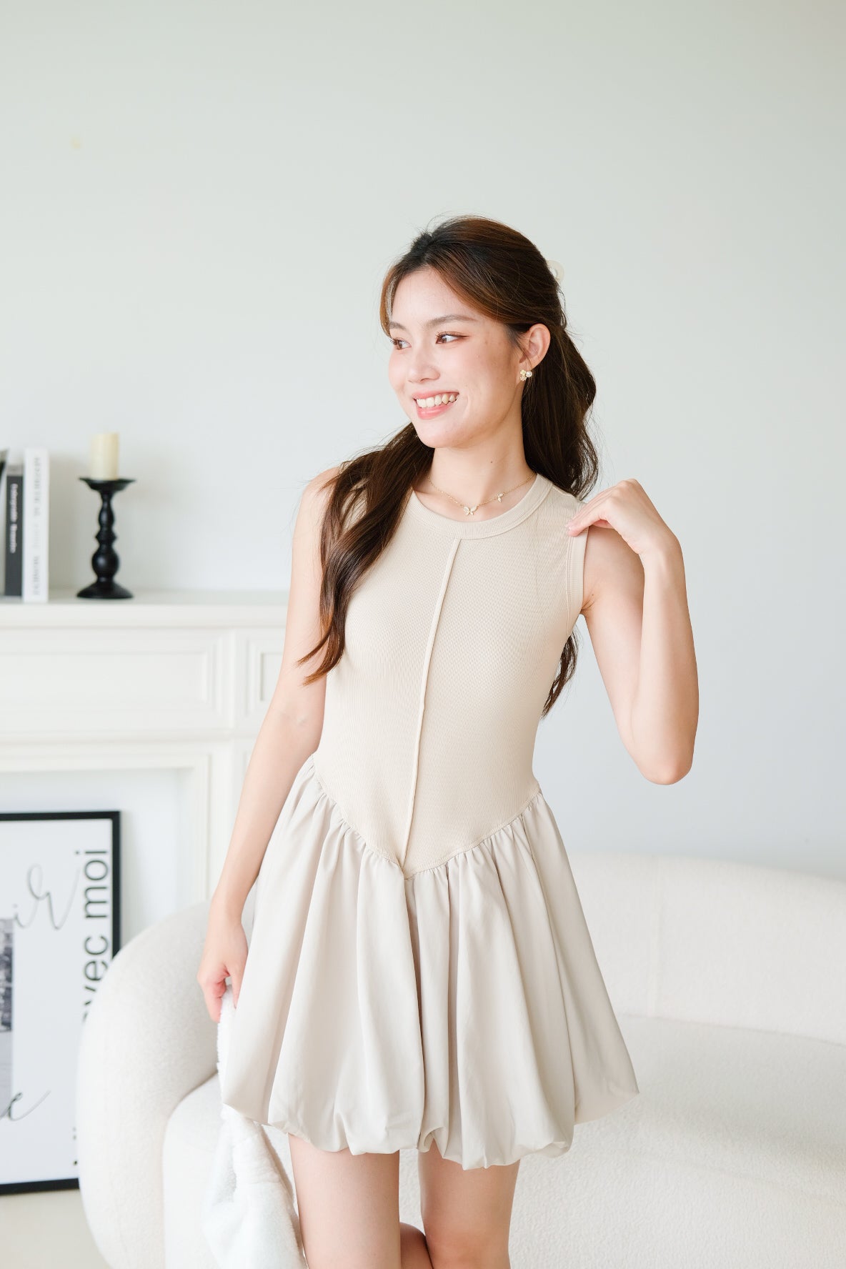 Carmen Ribbed Bubble Dress (Ecru)