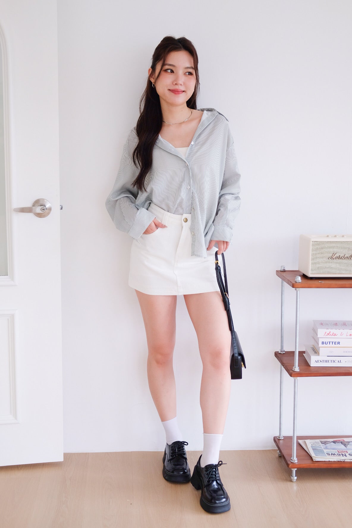 Downtown Oversized Shirt (Soft Green Stripes)