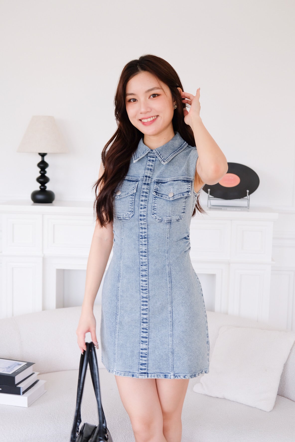 Zia Collared Denim Dress (Acid Light Blue)