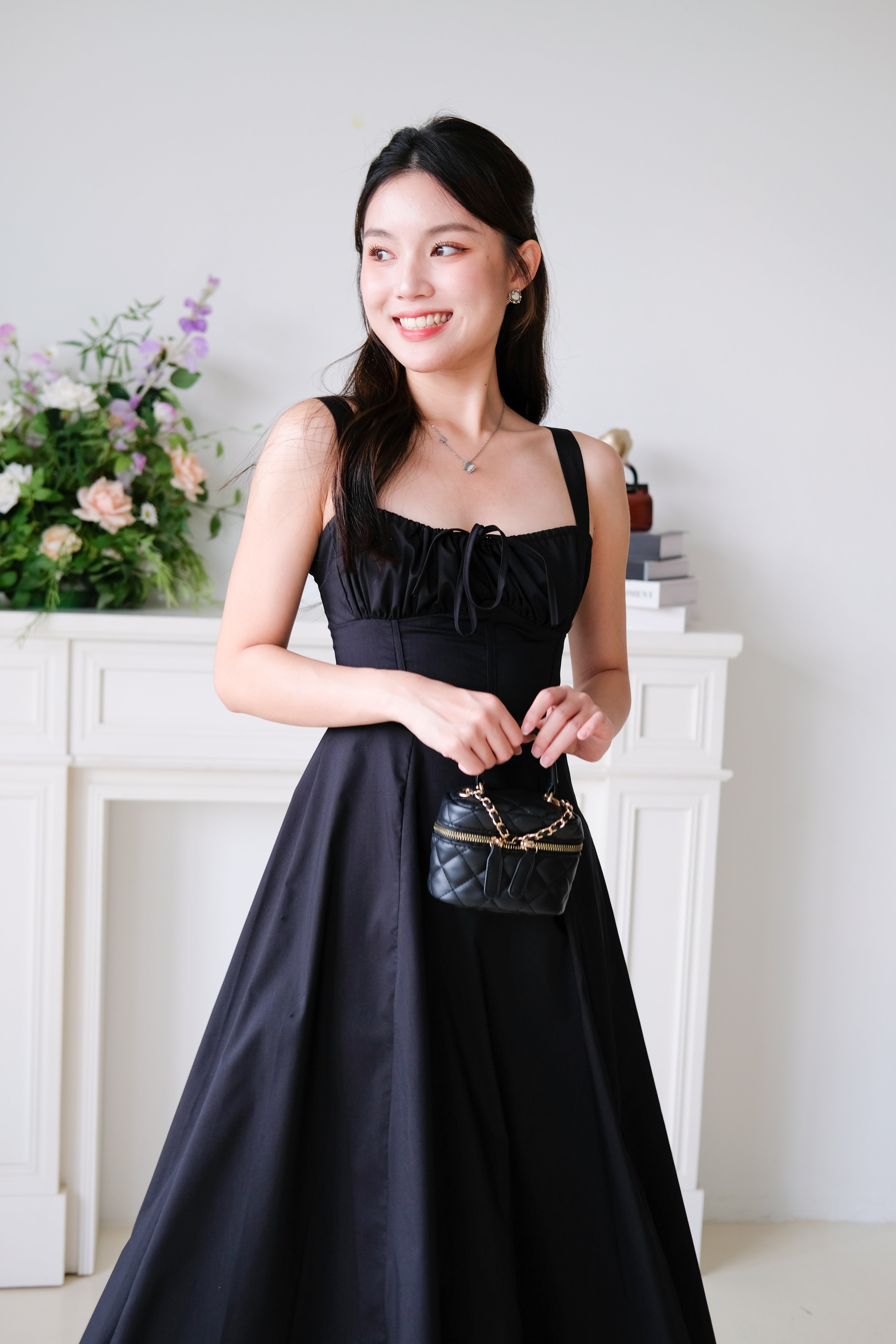 Claire Ruched Slit Midaxi Dress (Black)
