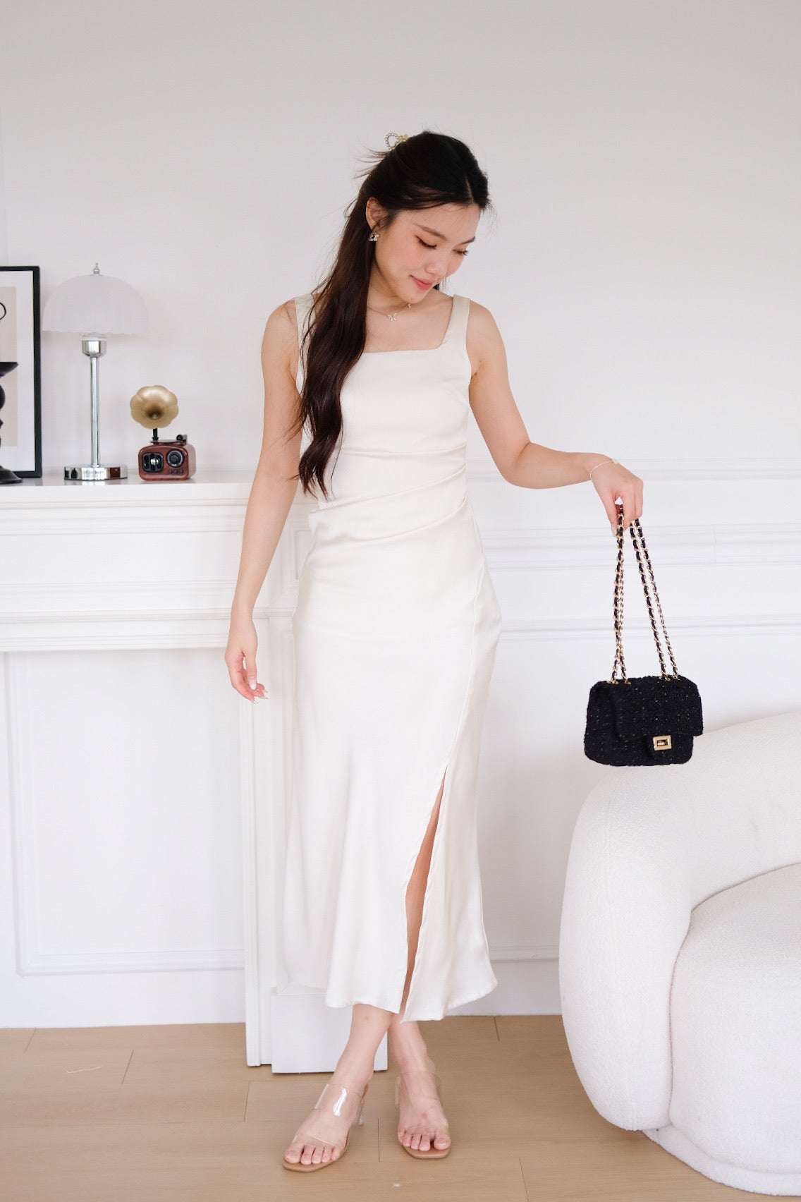 Serena Ruched Mermaid Satin Maxi Dress (Cream)