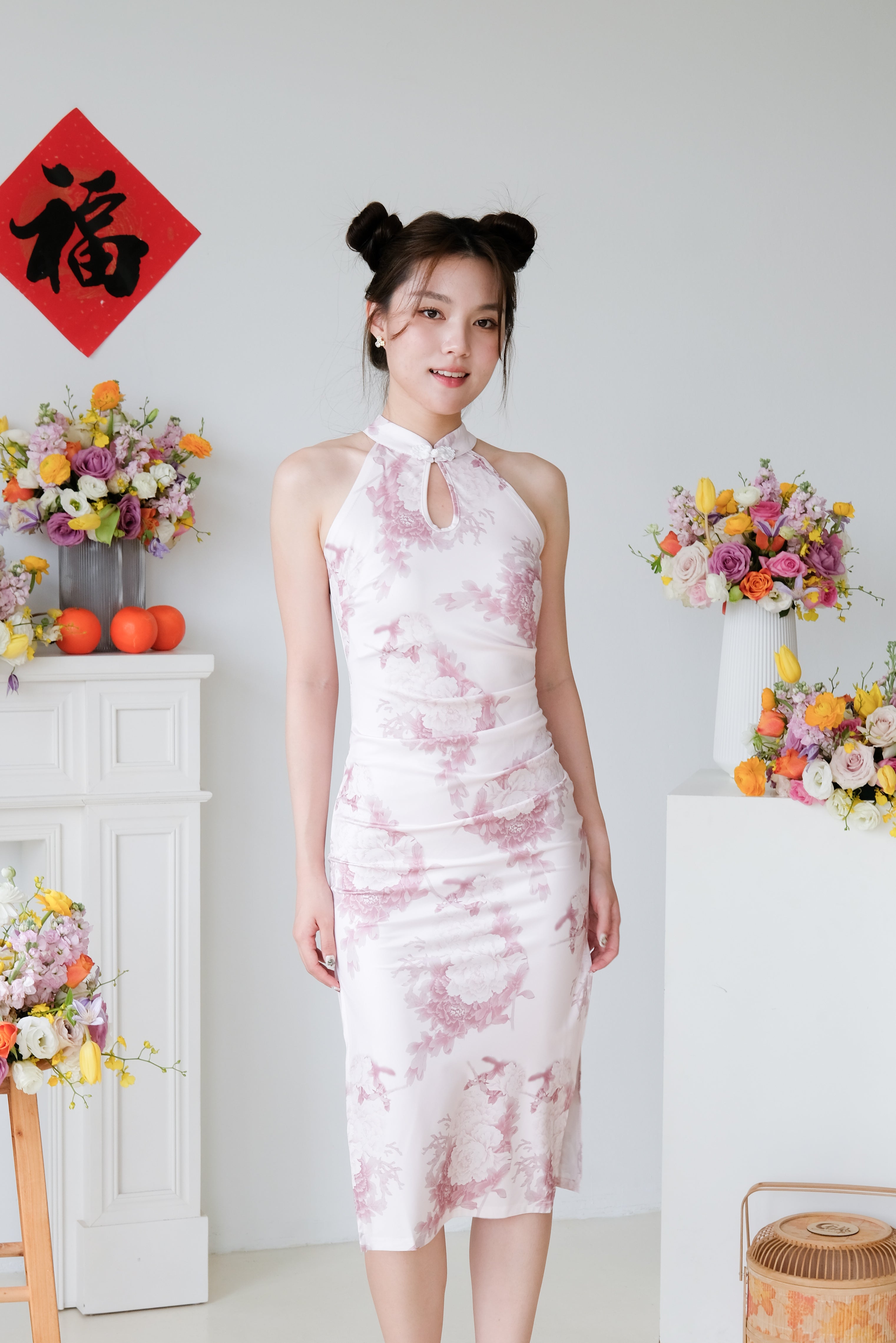 Hua Halter Slit Midi Cheongsam (Light Pink)