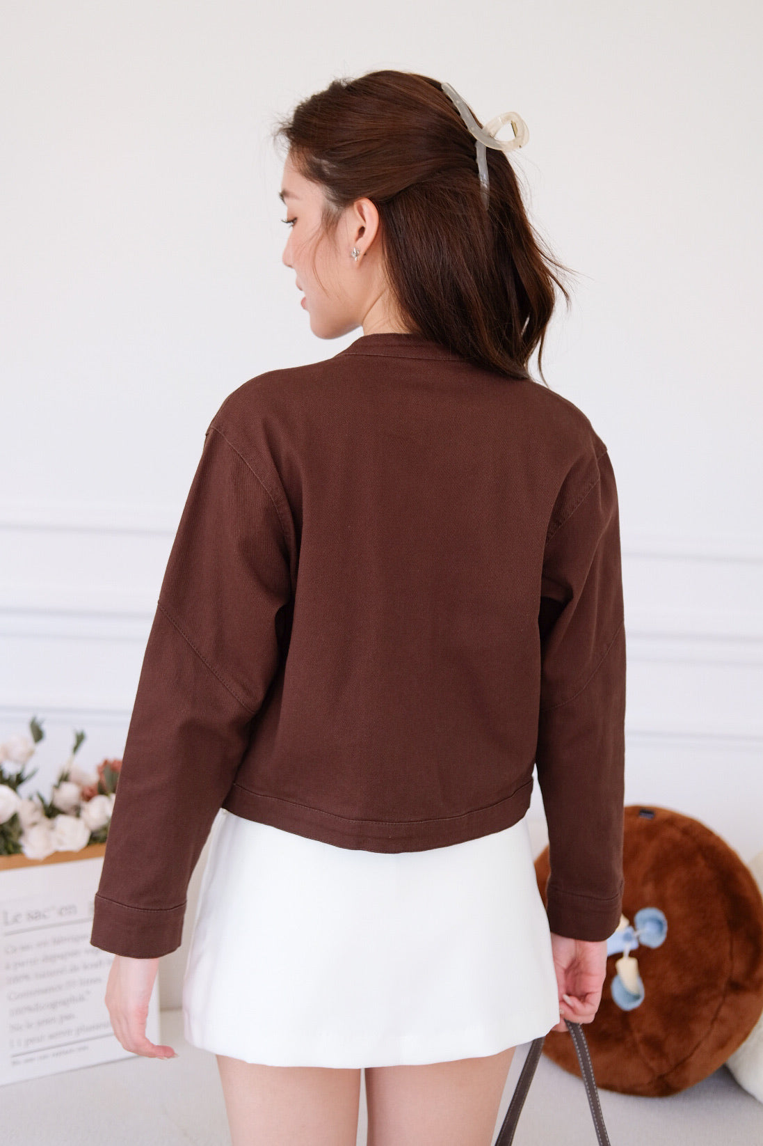 Maren Zip Cropped Denim Jacket (Mocha)