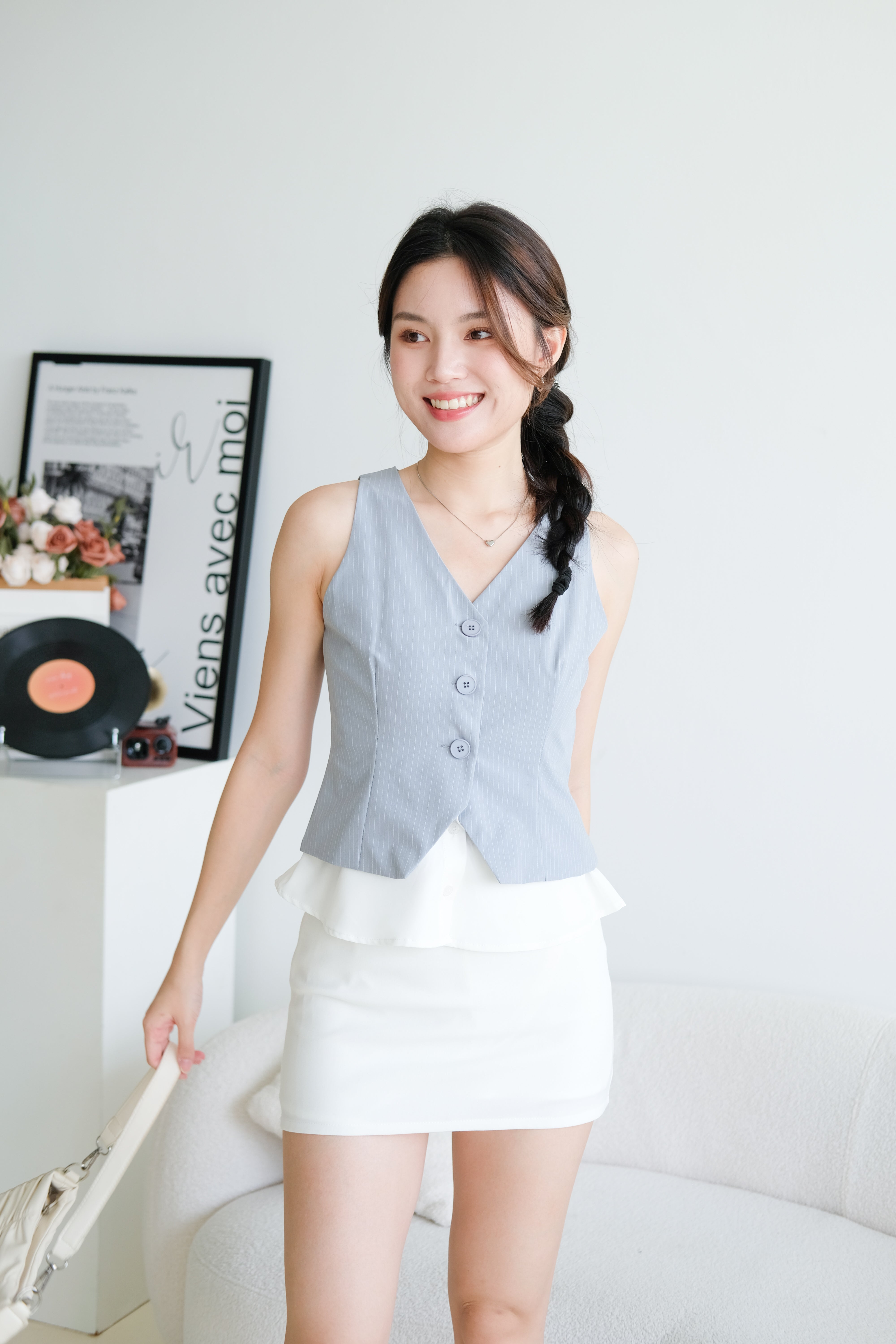 Veen Pinstripe Contrast Vest Top (Dusty Blue)
