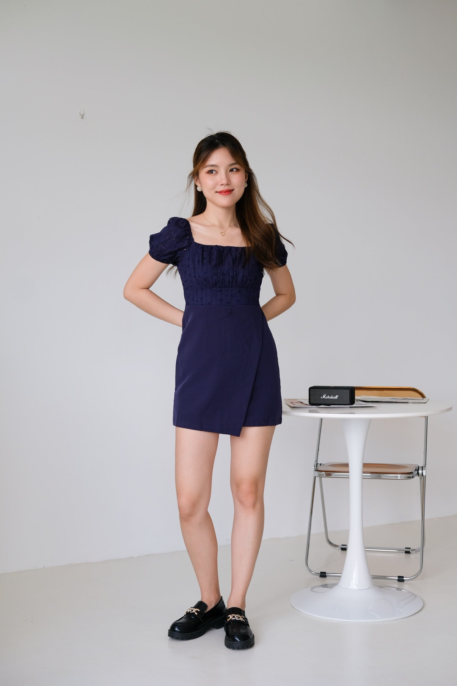 Kathryn Crochet Ruched Dress (Navy Blue)