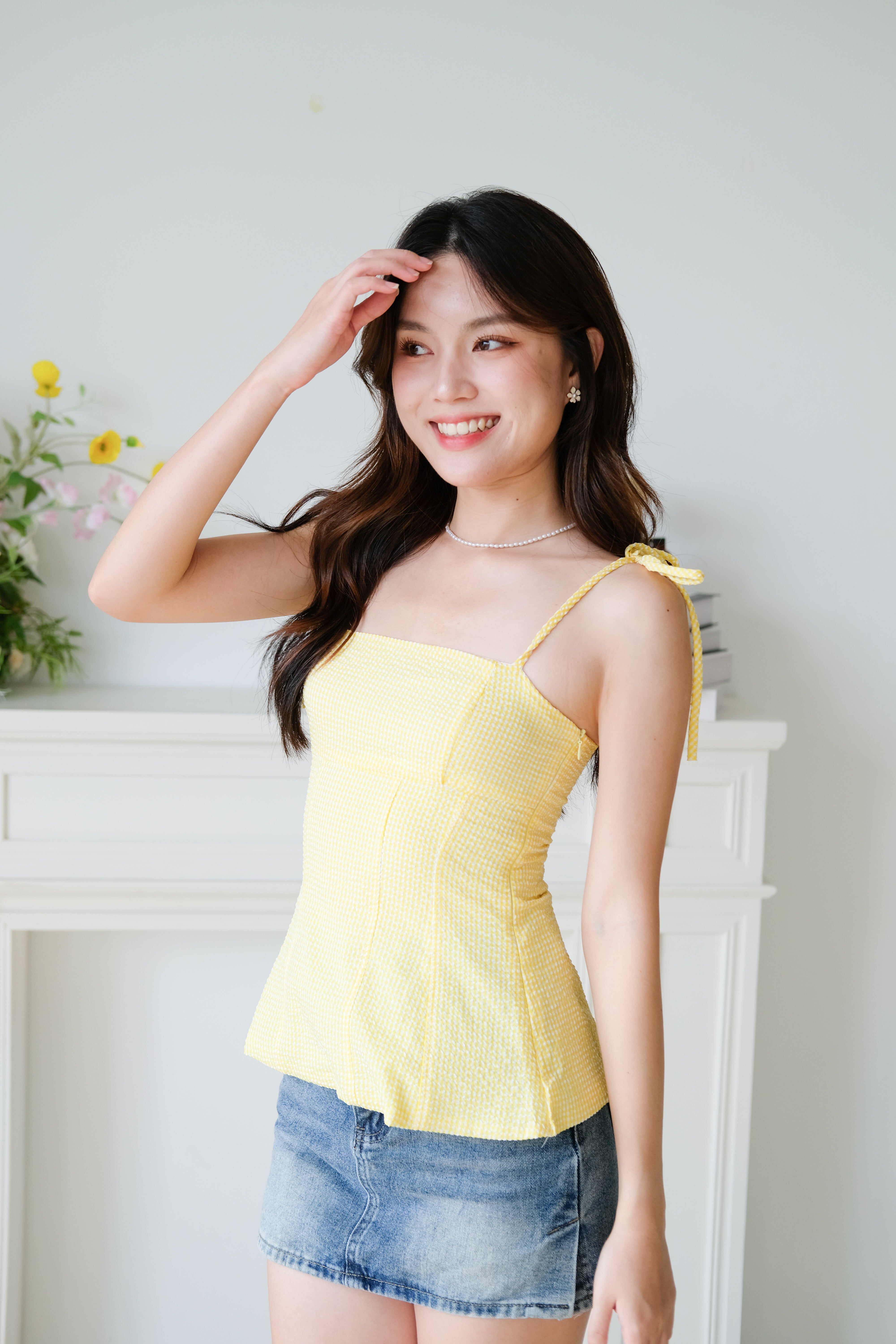 Marilyn Self Tie Ribbon Top (Gingham Yellow)