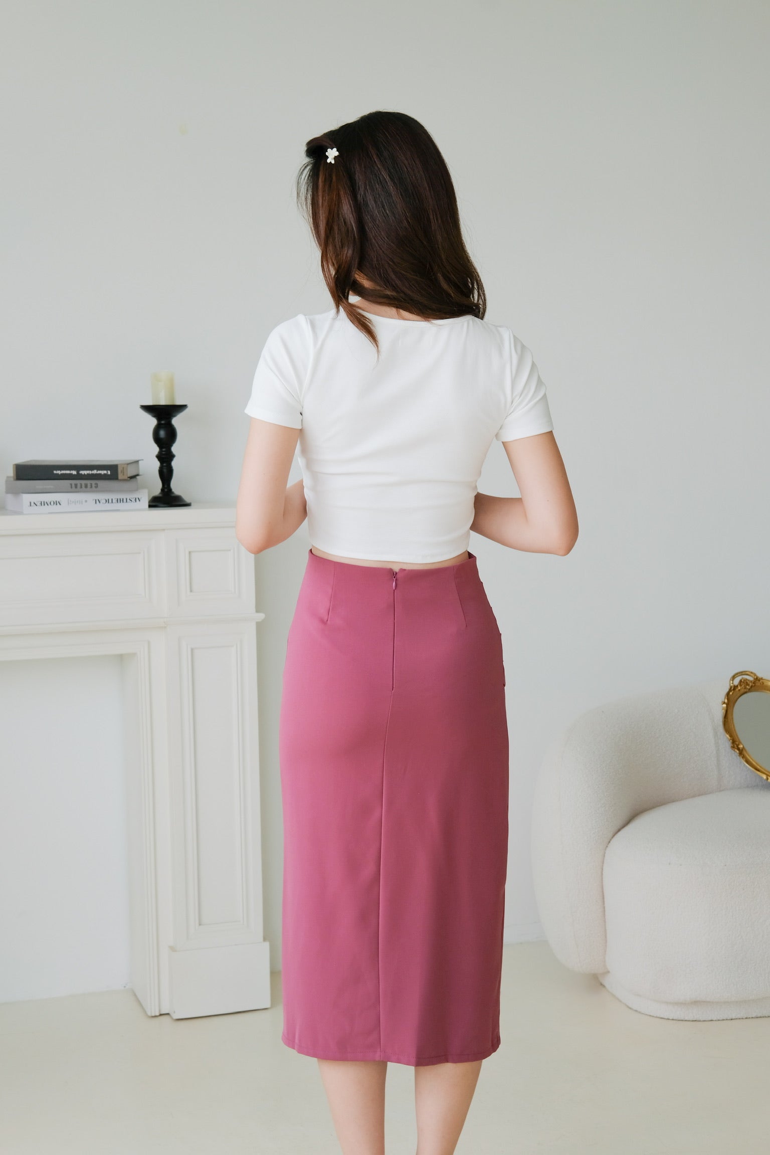 Adaline Ruched Side Slit Midi Skirt (Rouge Pink)