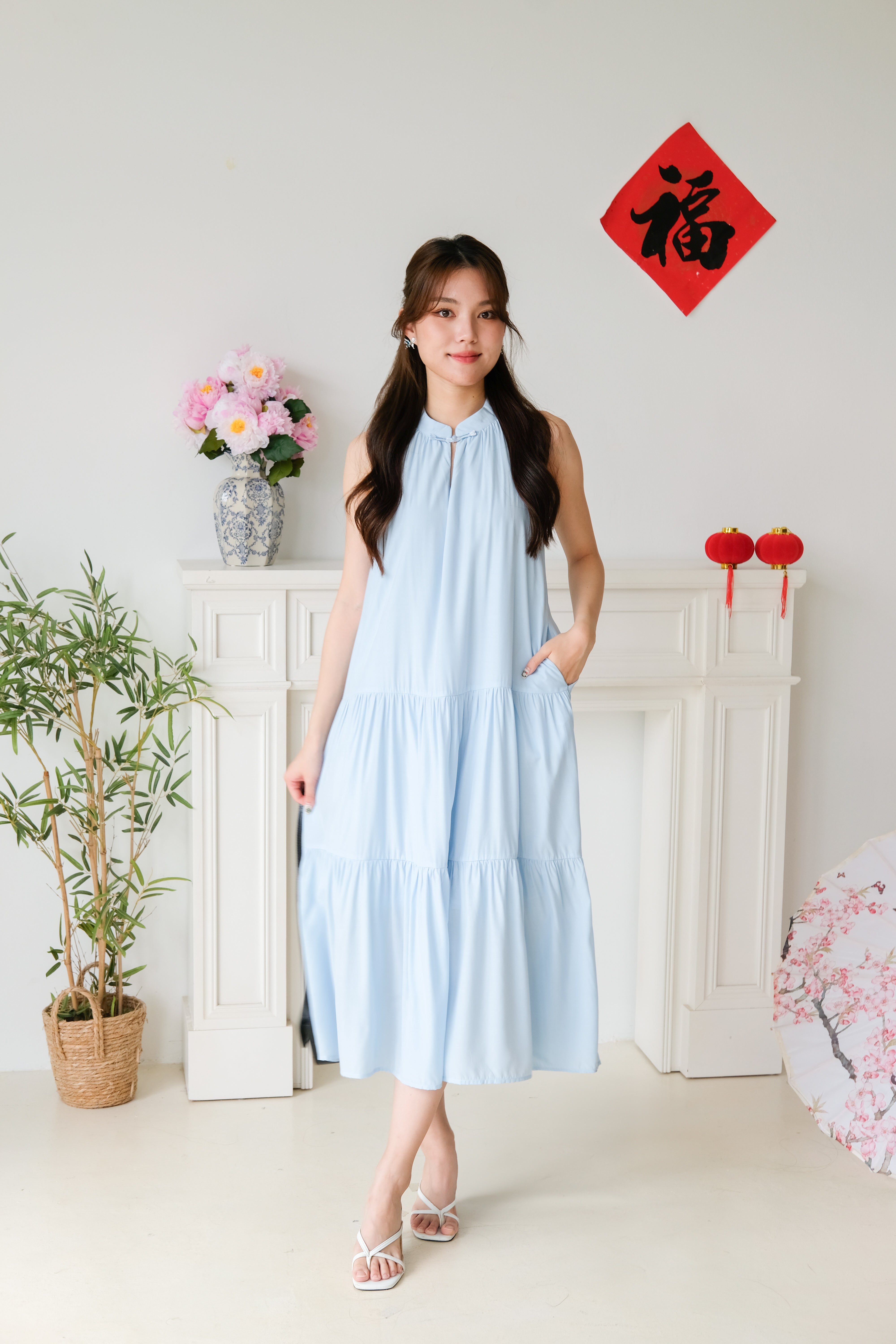 Qi Mandarin Collar Babydoll Tiered Dress (Sky Blue)