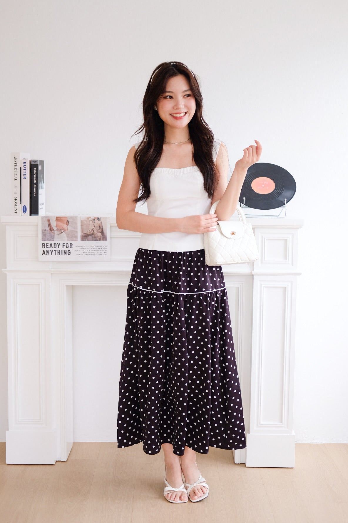 Alva Vintage Contrast A Line Skirt (Polka Black)