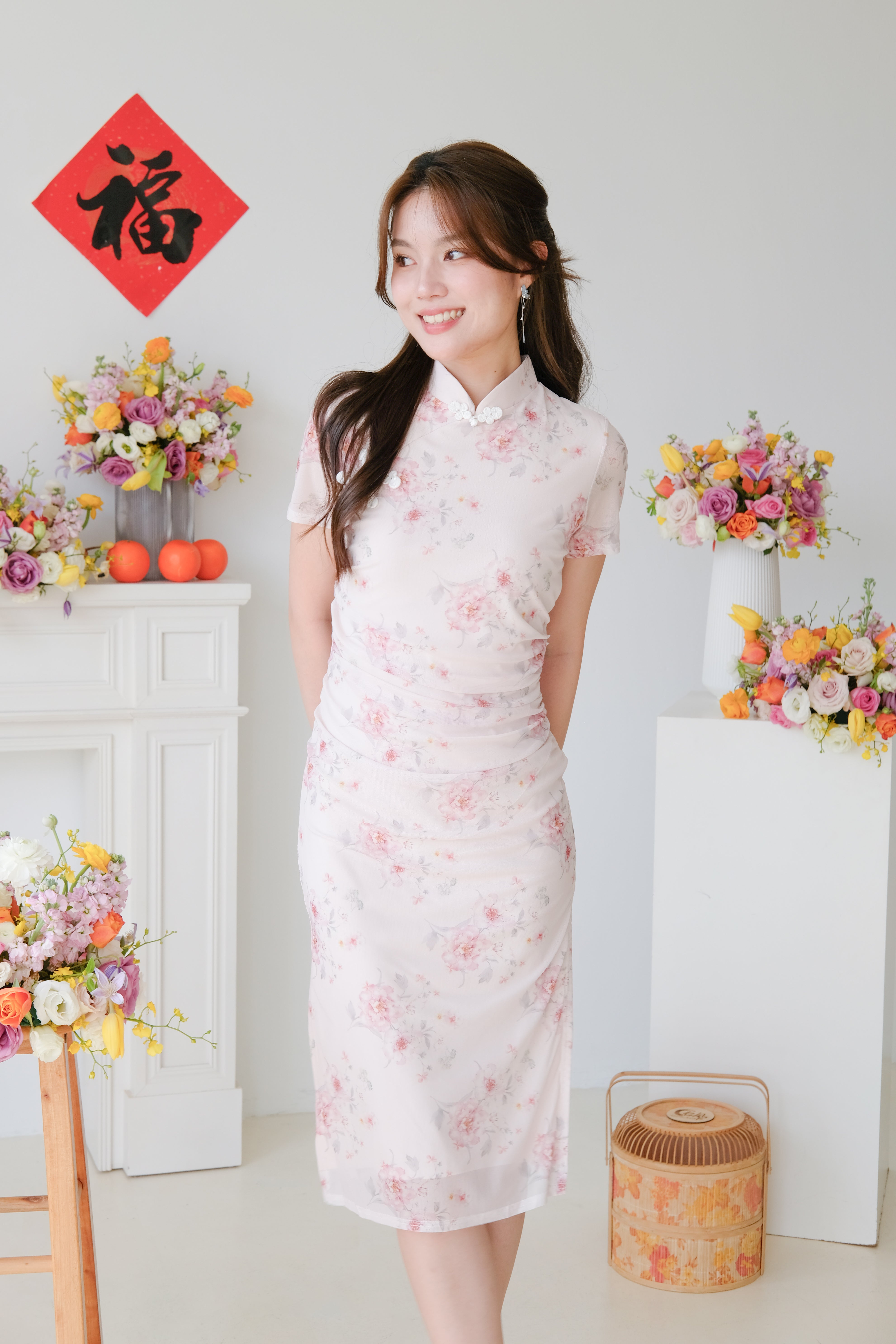 [ETA 23-27 Dec] Wenrou Floral Mesh Midi Cheongsam (Sakura Pink)