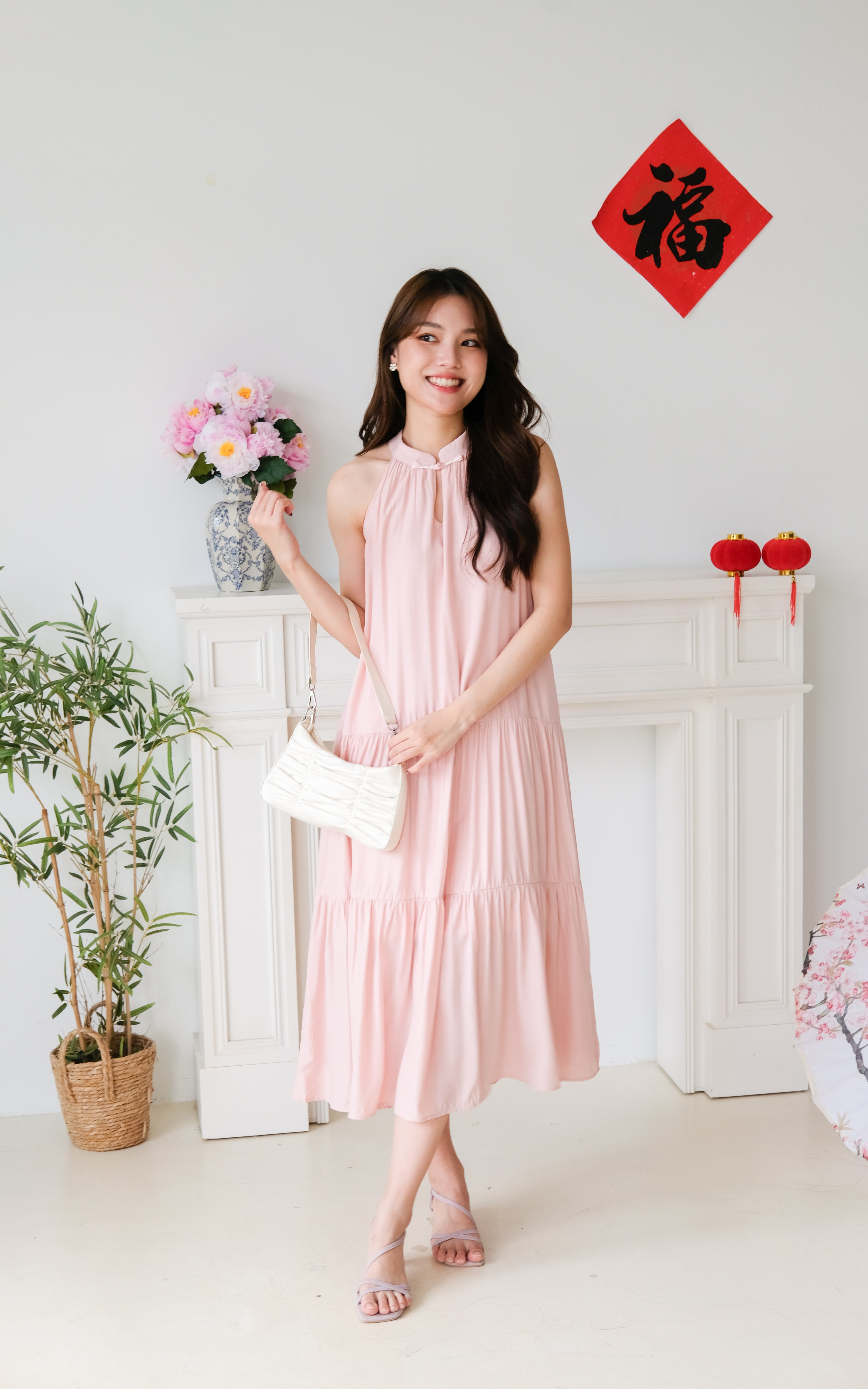 Qi Mandarin Collar Babydoll Tiered Dress (Peach Pink)