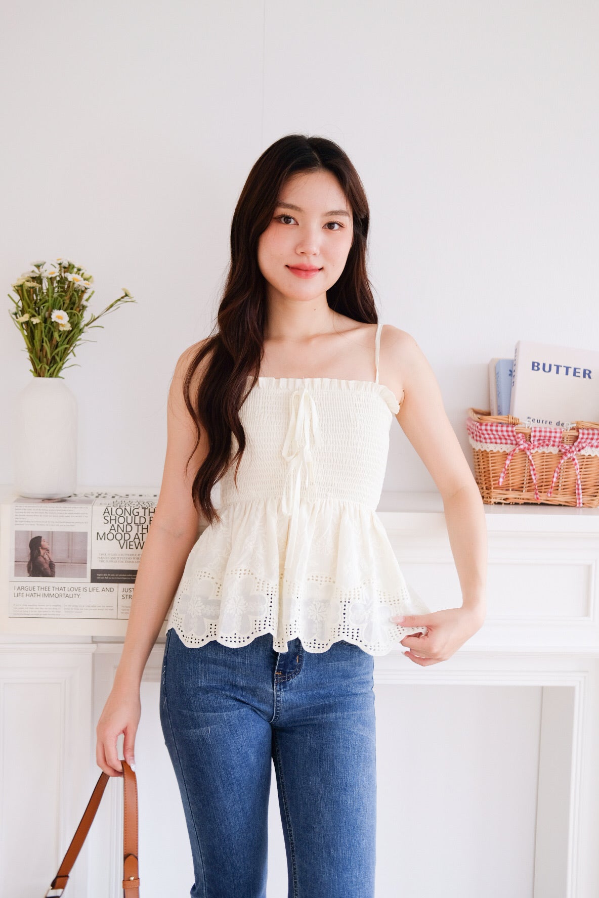 Selina Smocked Ribbon Eyelet Top (Light Yellow)