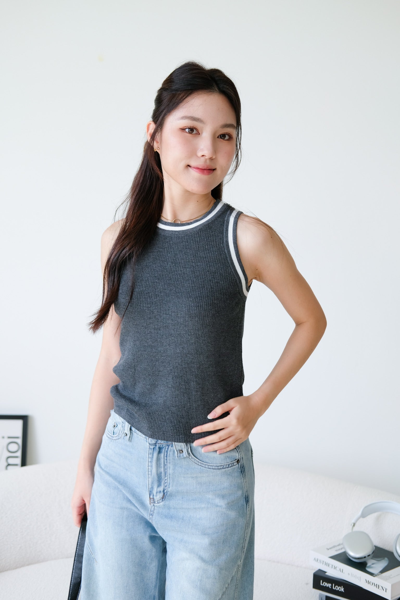 Kyara Contrast Knit Tank Top (Grey)