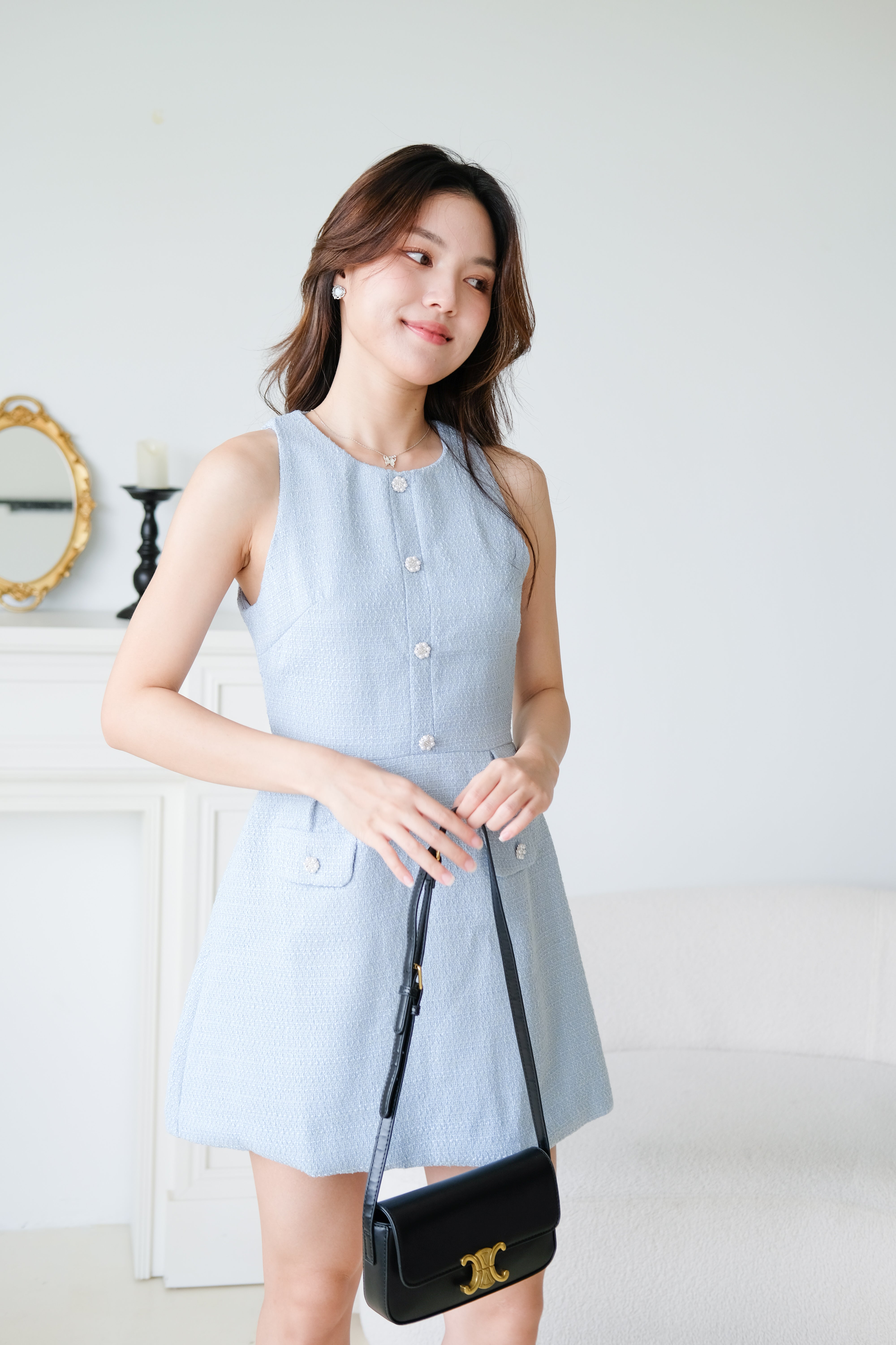 Pearly Tweed Halter Dress (Sea Blue)