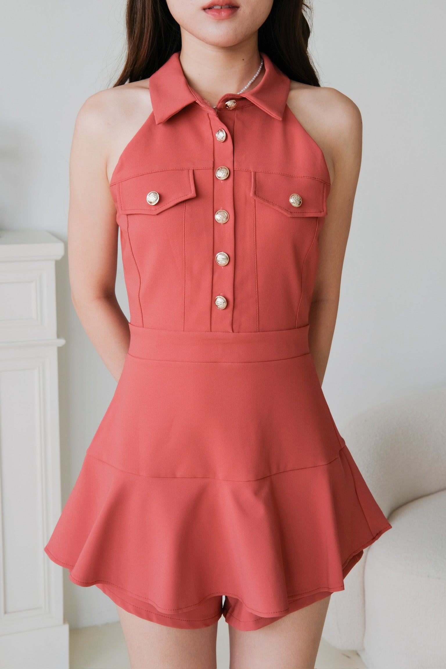 Dionne Gold Button Collared Romper (Brick Red)