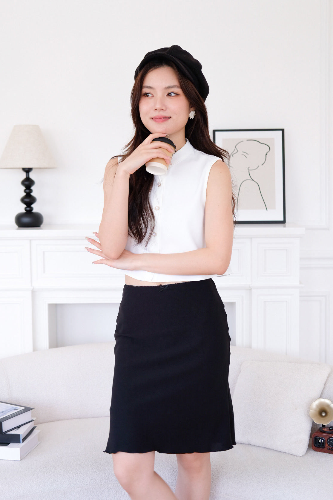 Clarise Mini Bow Knee Length Flare Skirt (Plain Black)