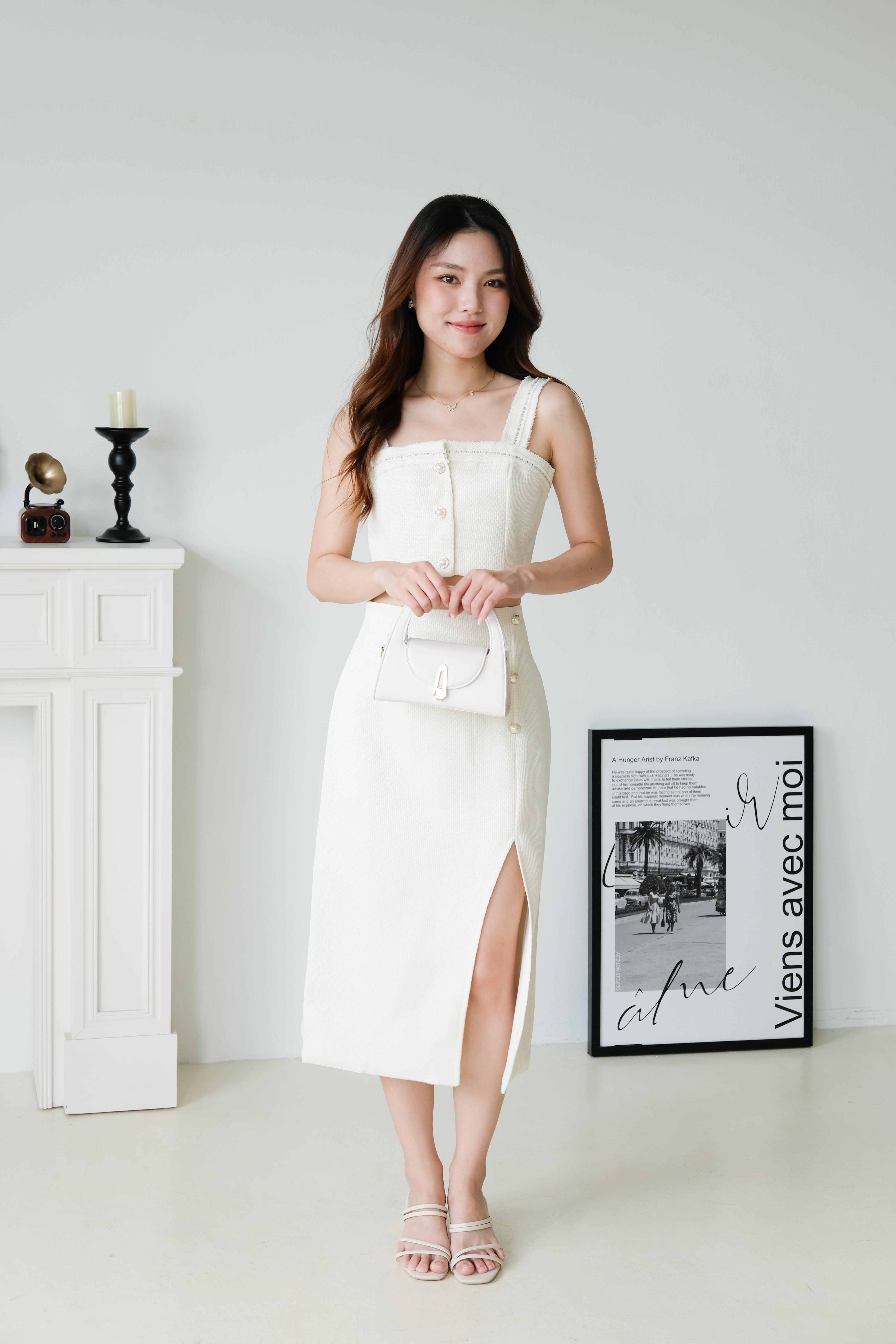 Jillian Tweed Side Slit Midi Set (Cream)