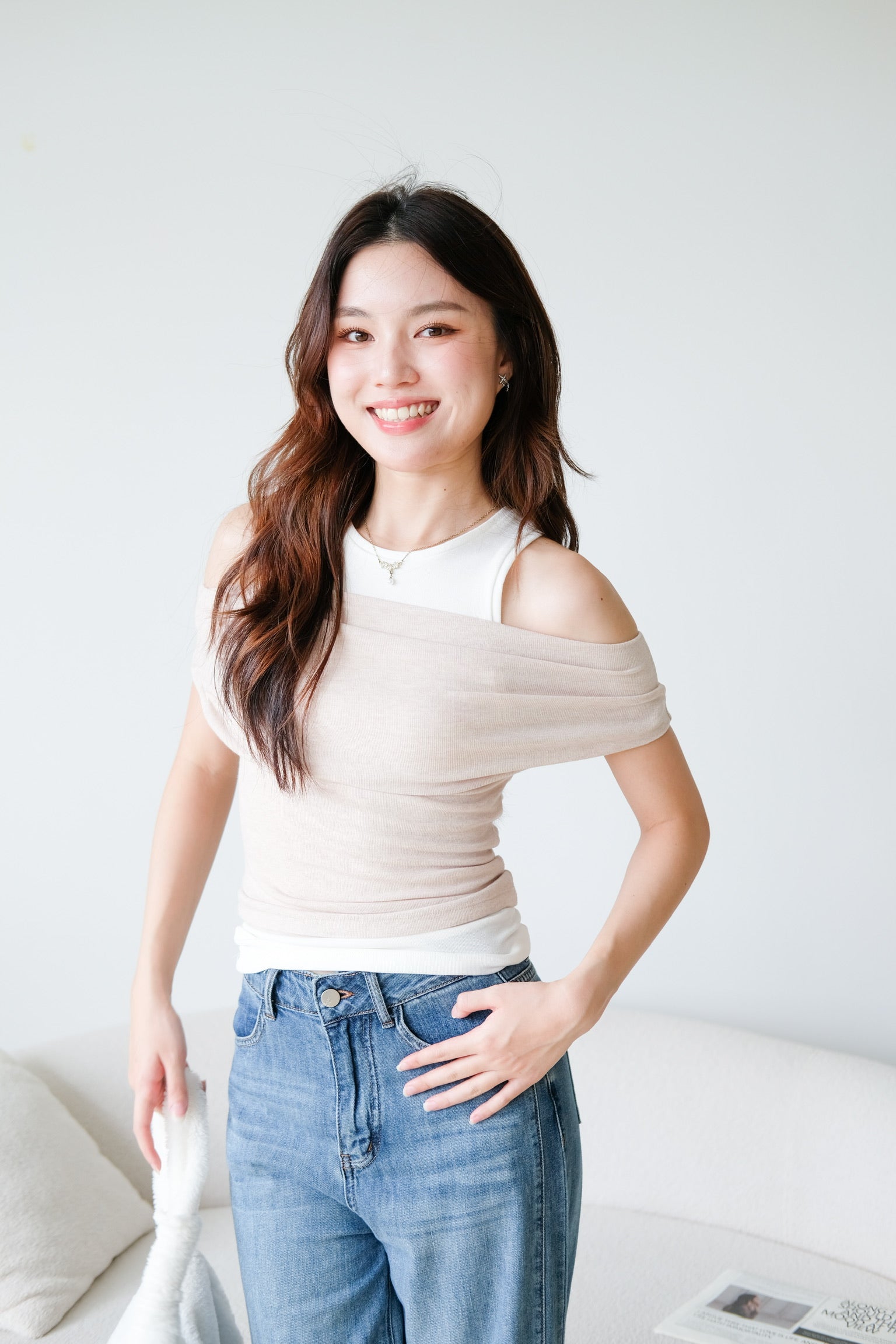 Mila Cold Shoulder Cotton Tank Top (Oat Beige)