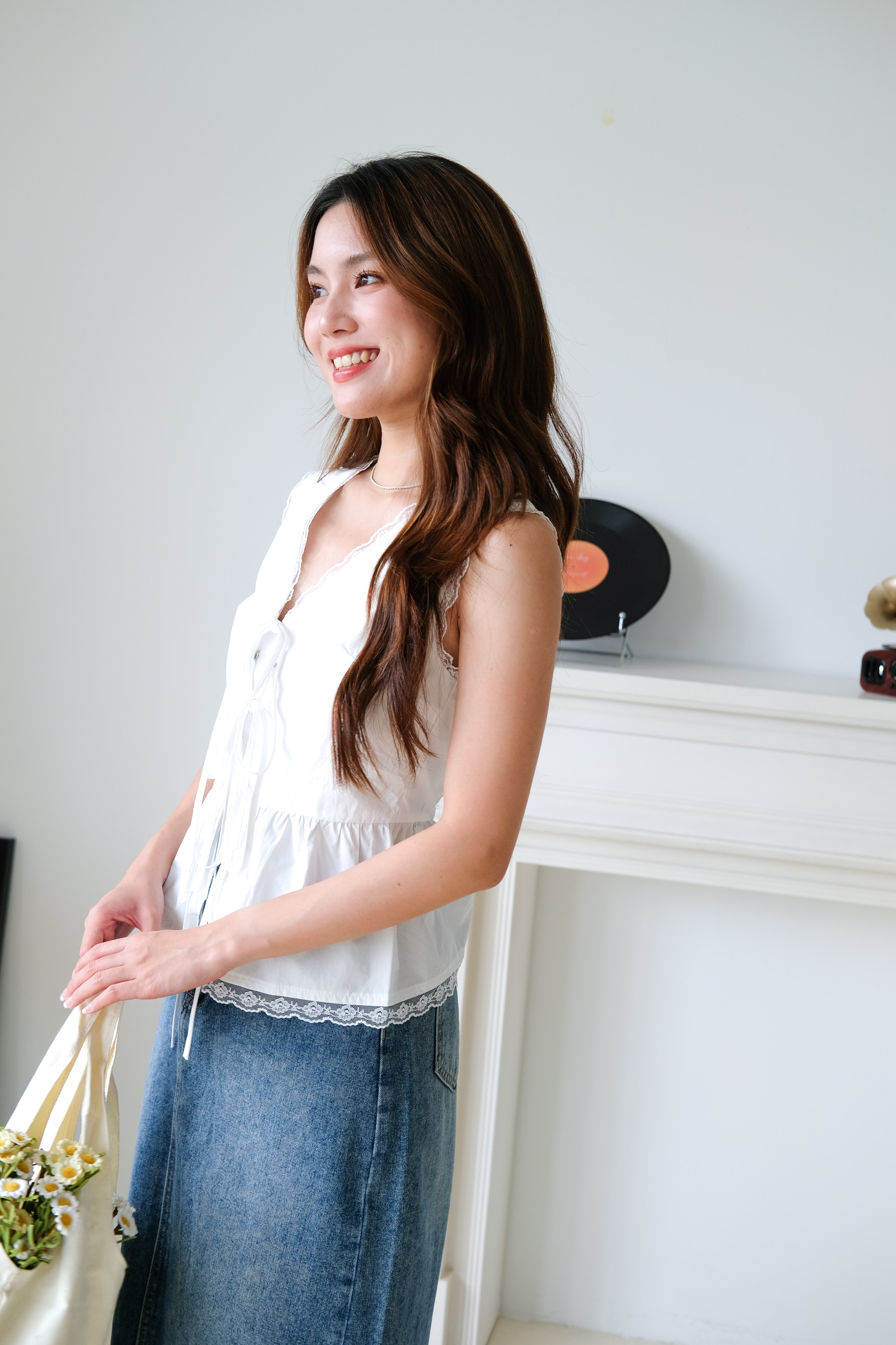 Jeanne Lace Drawstring Peplum Top (White)
