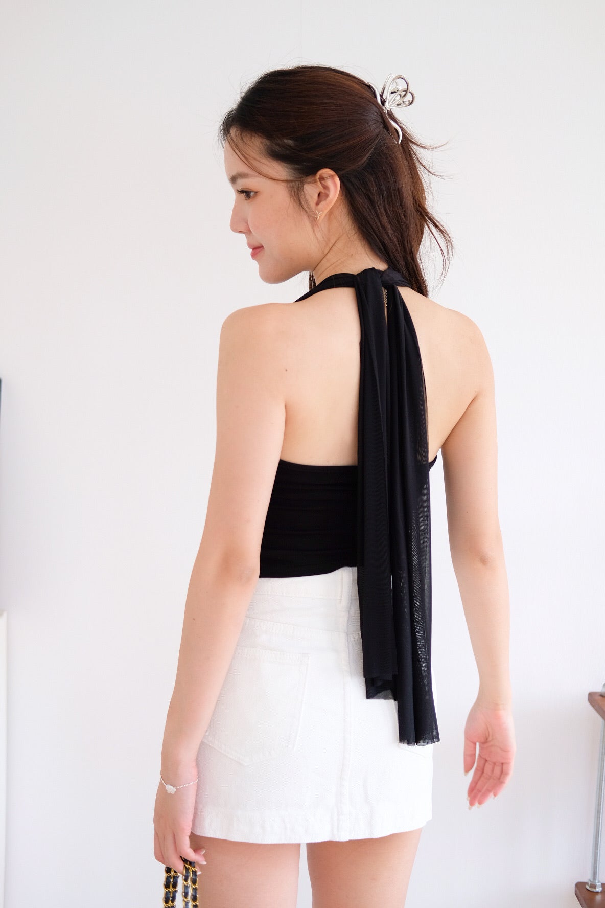 Siren Padded Halter Self Tie Top (Black)
