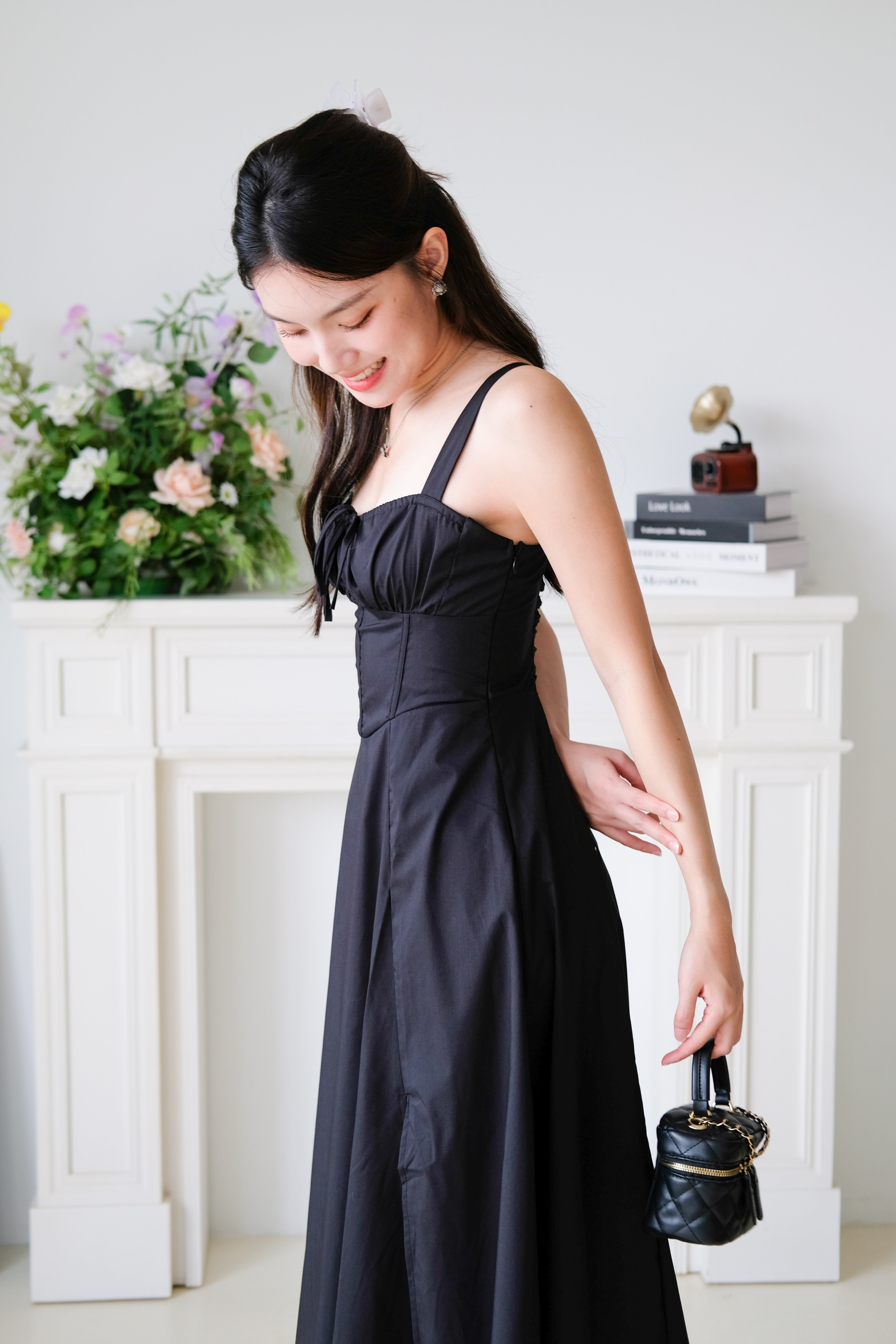 Claire Ruched Slit Midaxi Dress (Black)