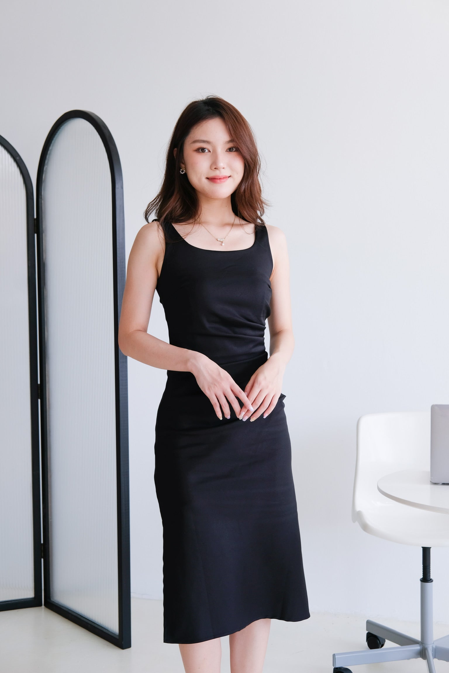 Clarins Side Ruched Midi Dress (Black)