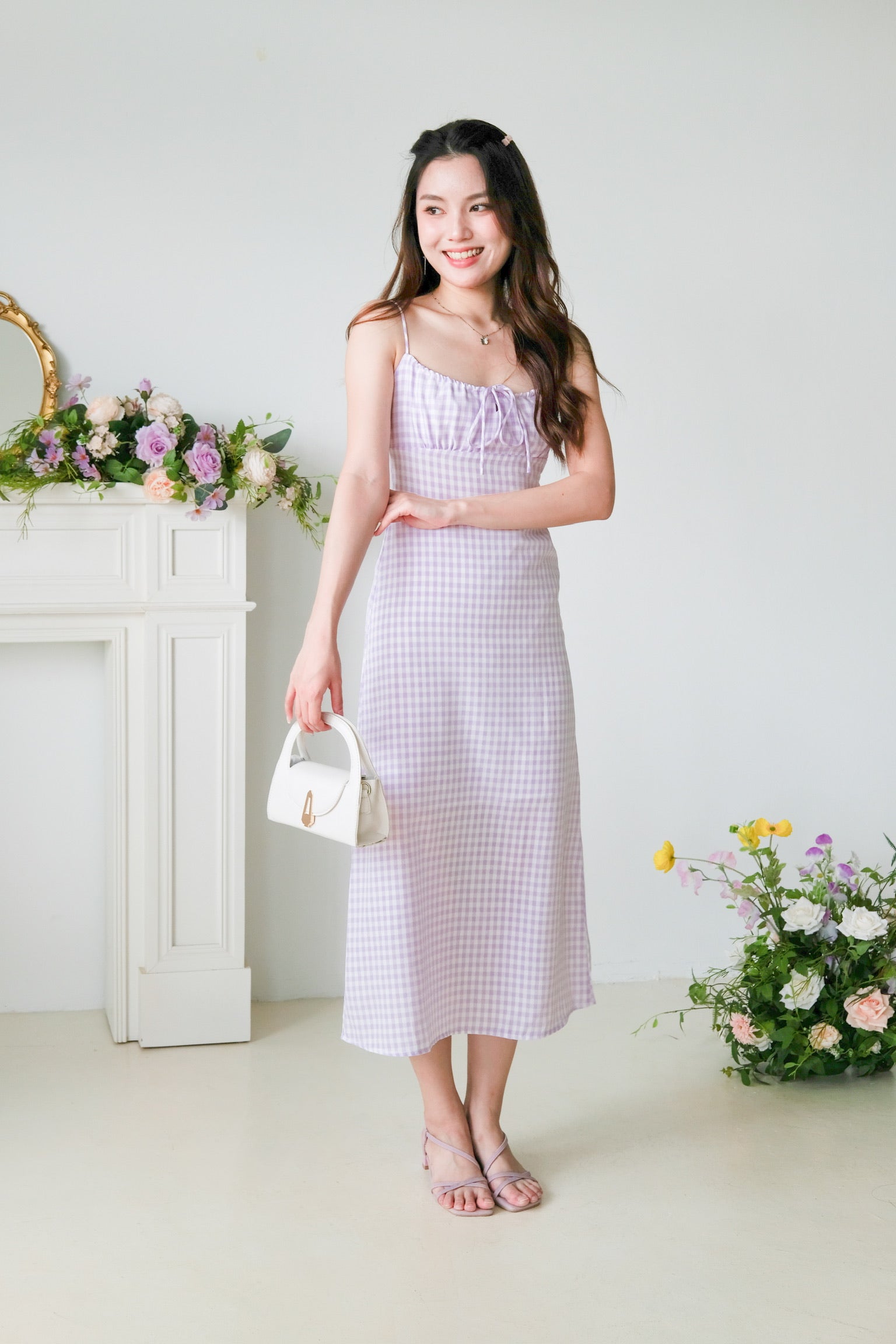 Veronnie Ruched Plaid Midi Dress (Purple)