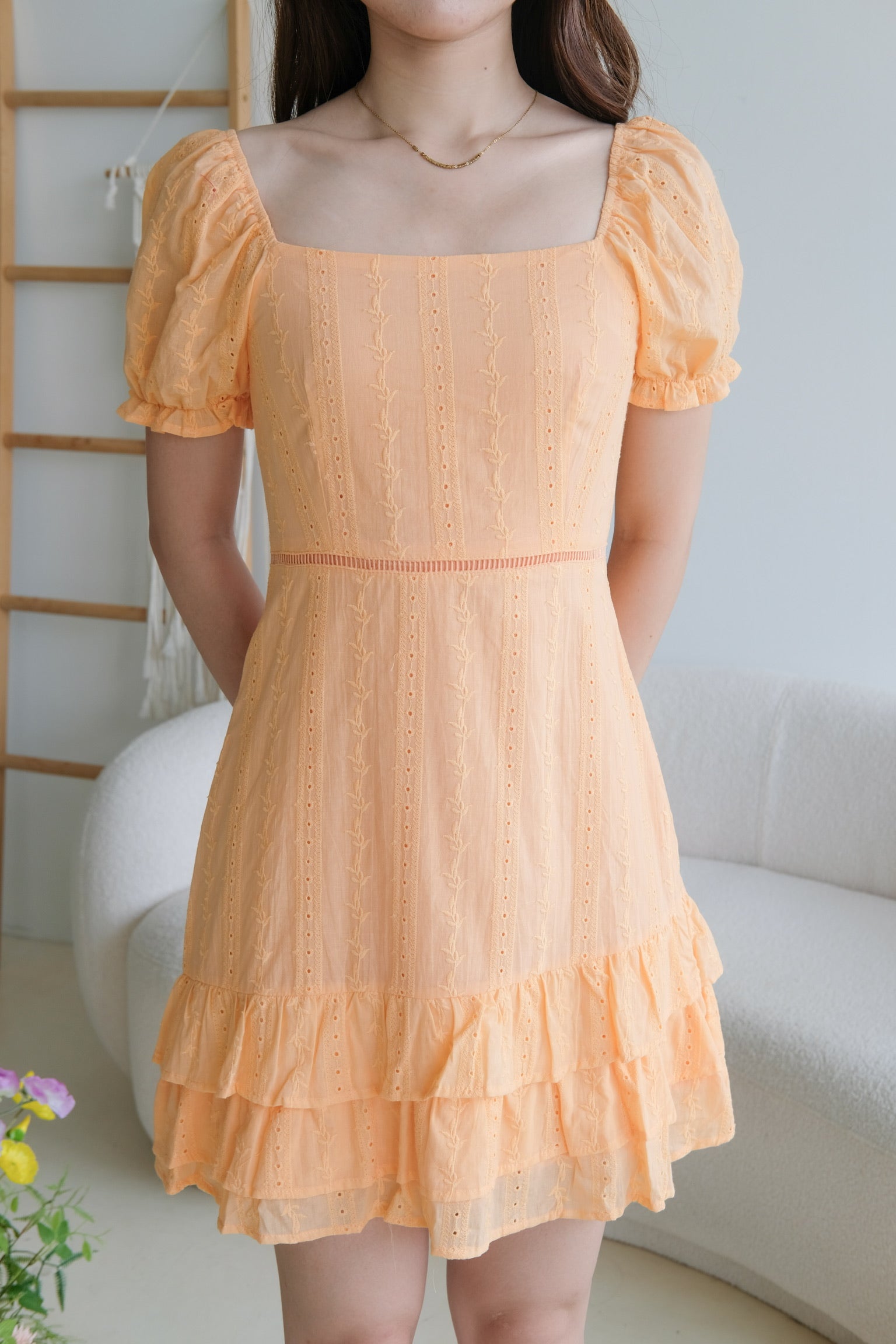 Evelyn Eyelet Ruffle Dress (Tangerine Orange)