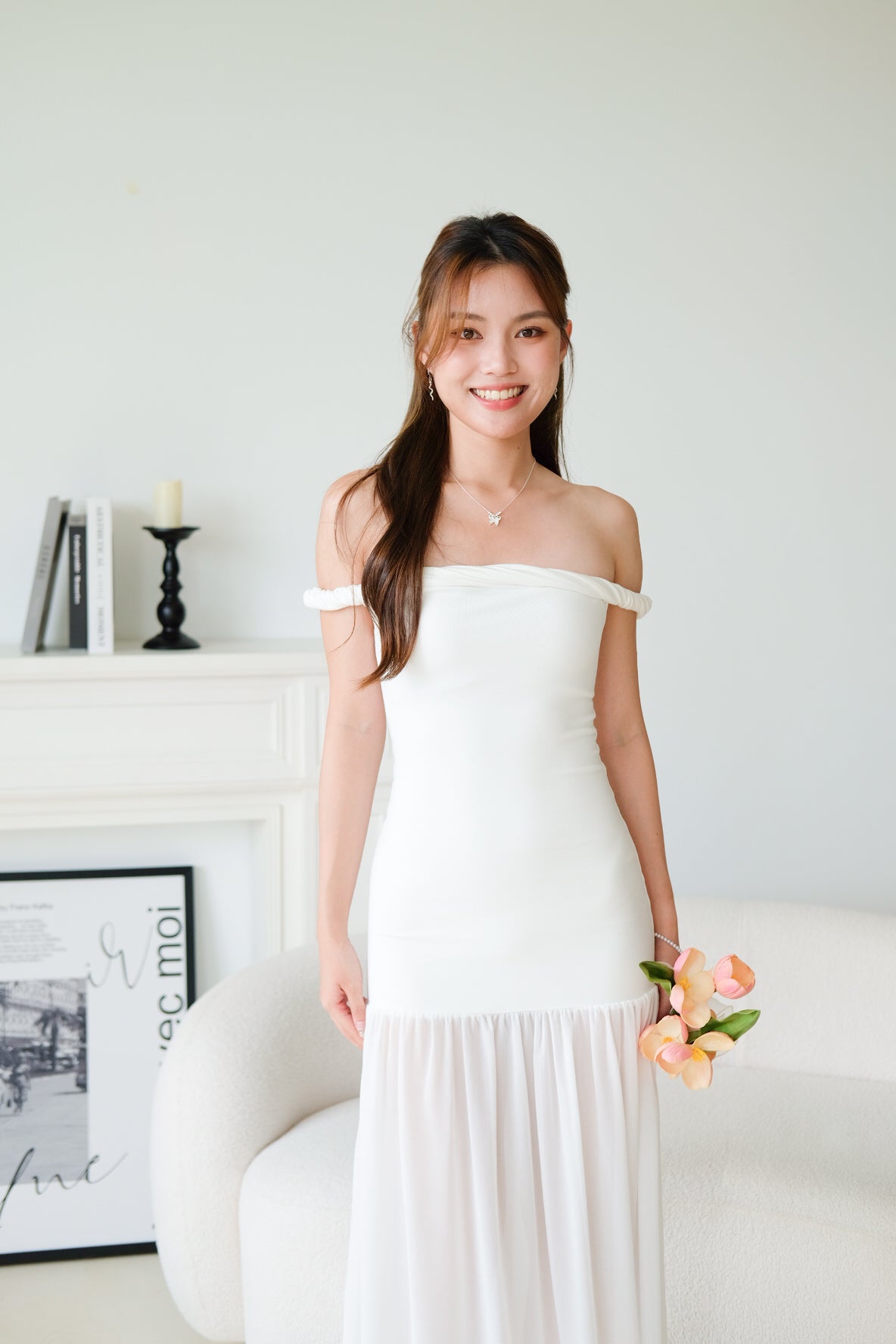 Kim Twist Off Shoulder Bodycon Maxi Dress (White)