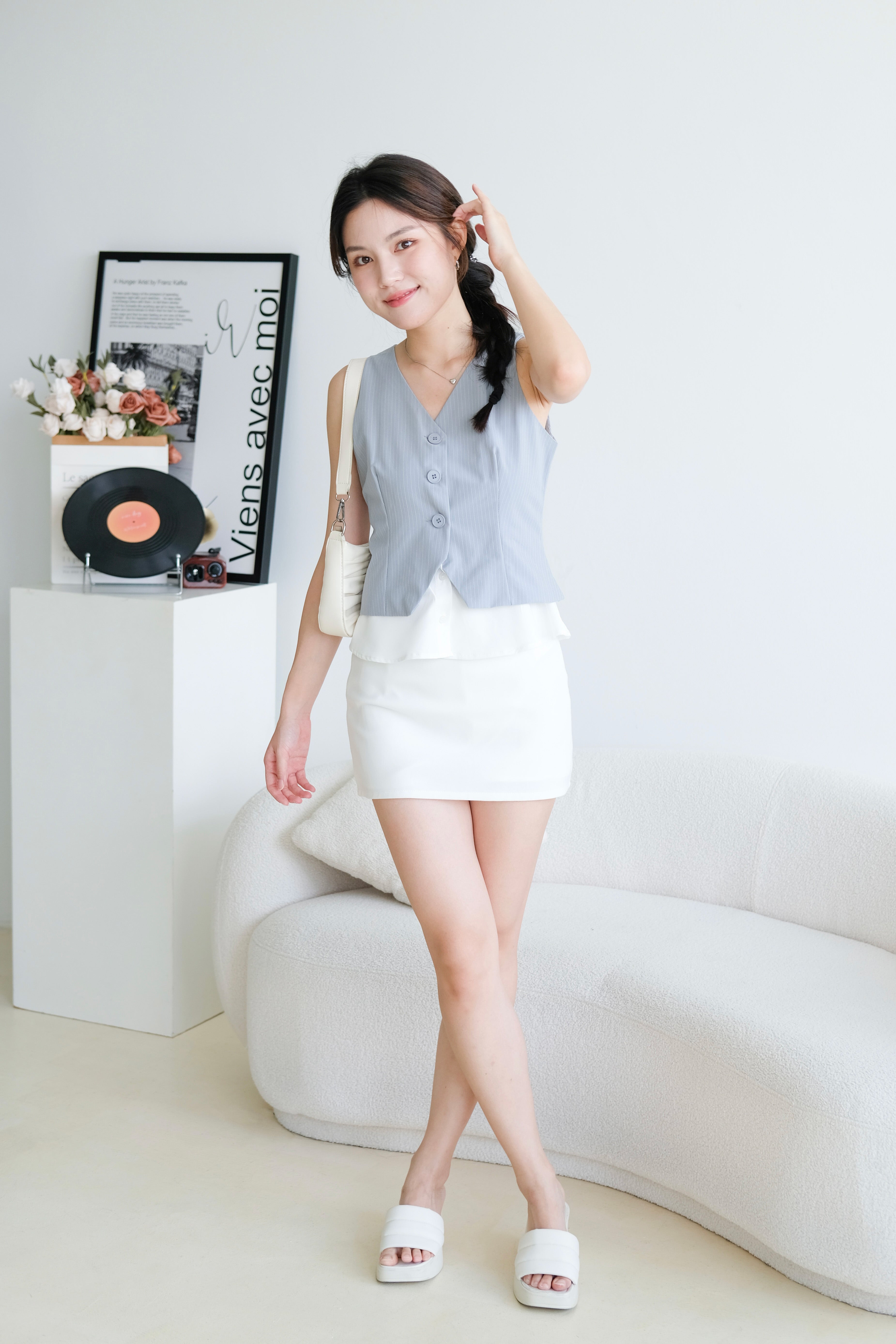 Veen Pinstripe Contrast Vest Top (Dusty Blue)