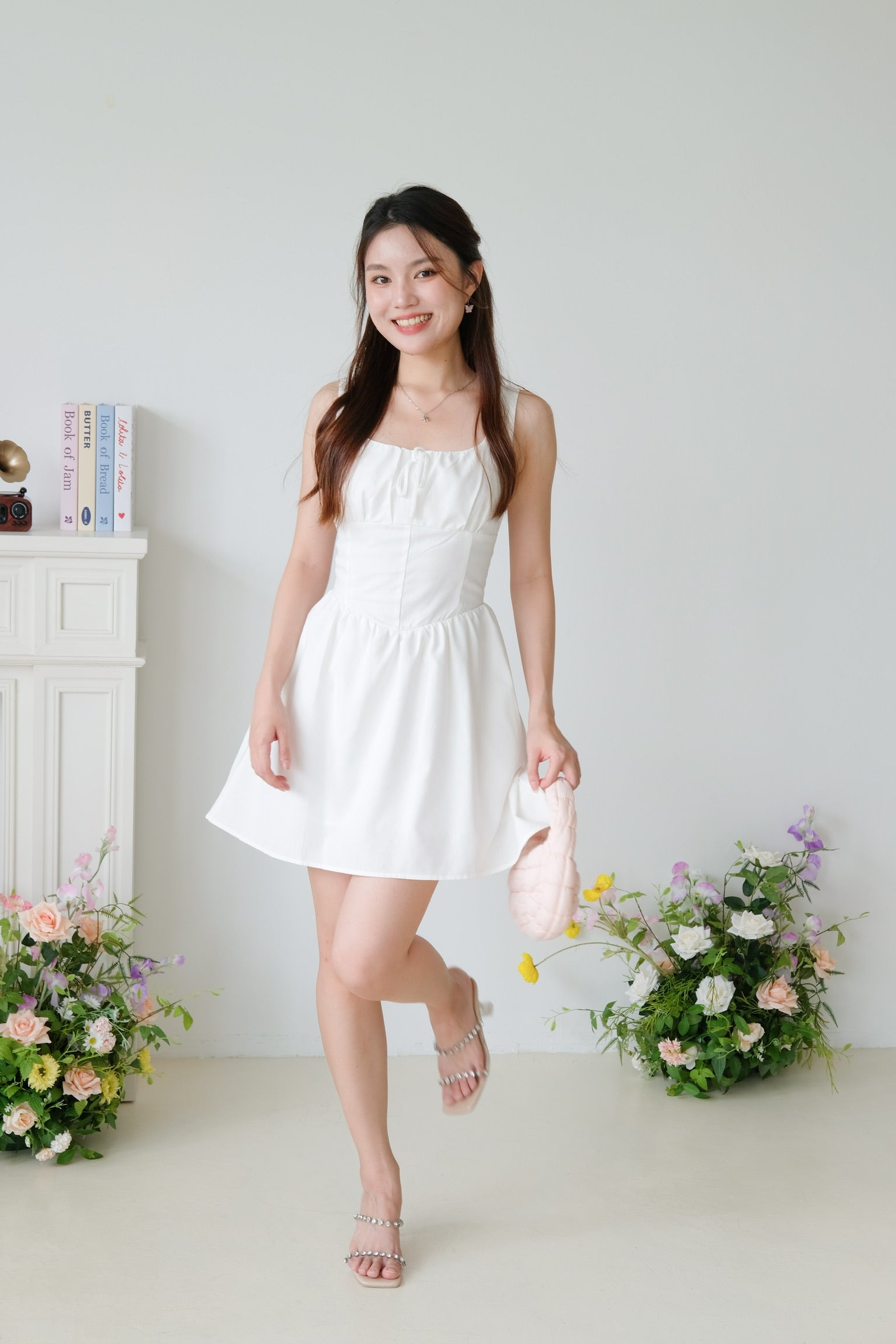 Tiffany Ruched Flare Dress (White)