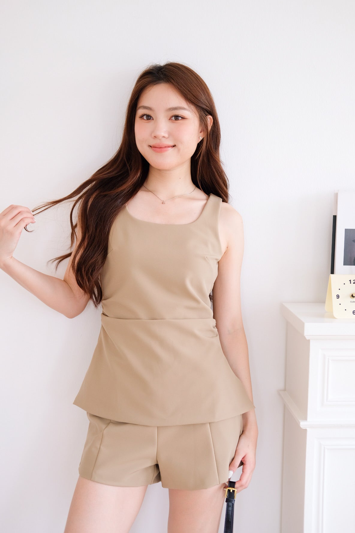 Cooper Ruched Flare Top (Khaki)