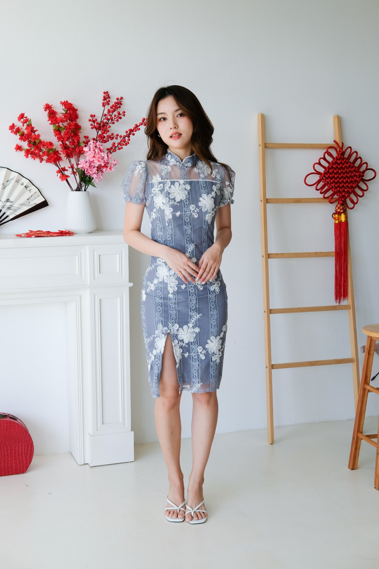 Huey Lace Cheongsam Dress (Dusty Blue)