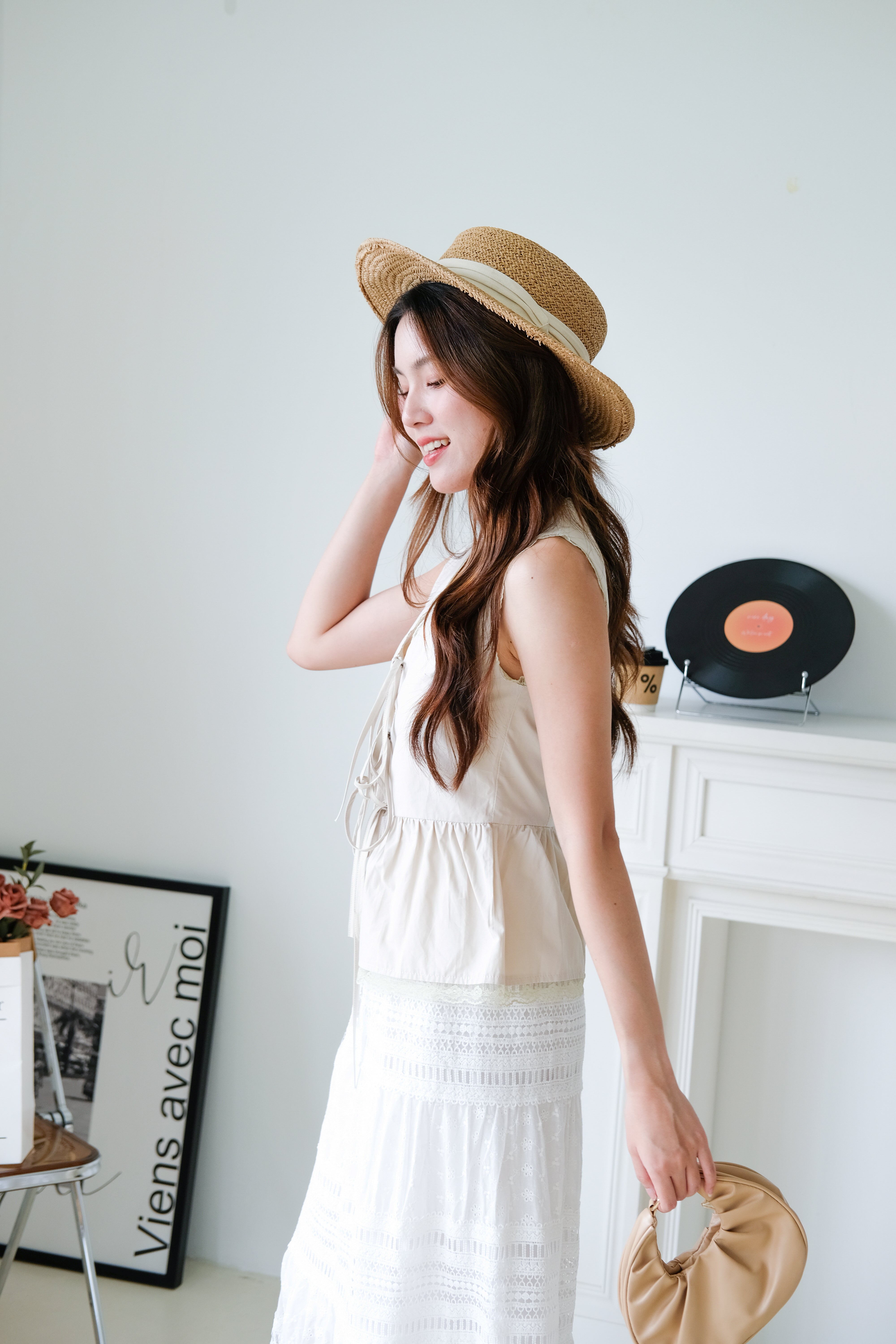 Jeanne Lace Drawstring Peplum Top (Taupe)