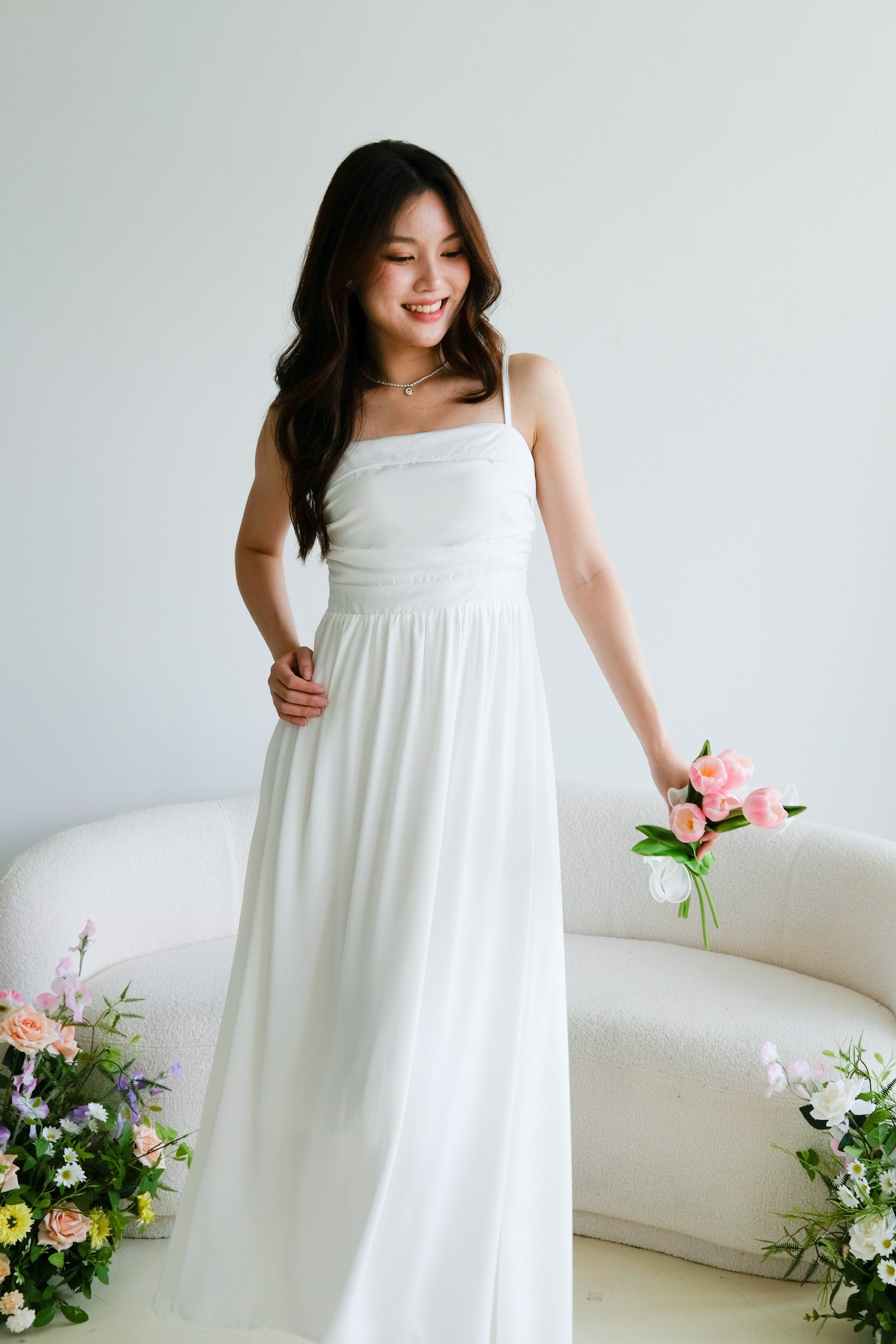 Helen Ruched Flare Maxi Dress (White)